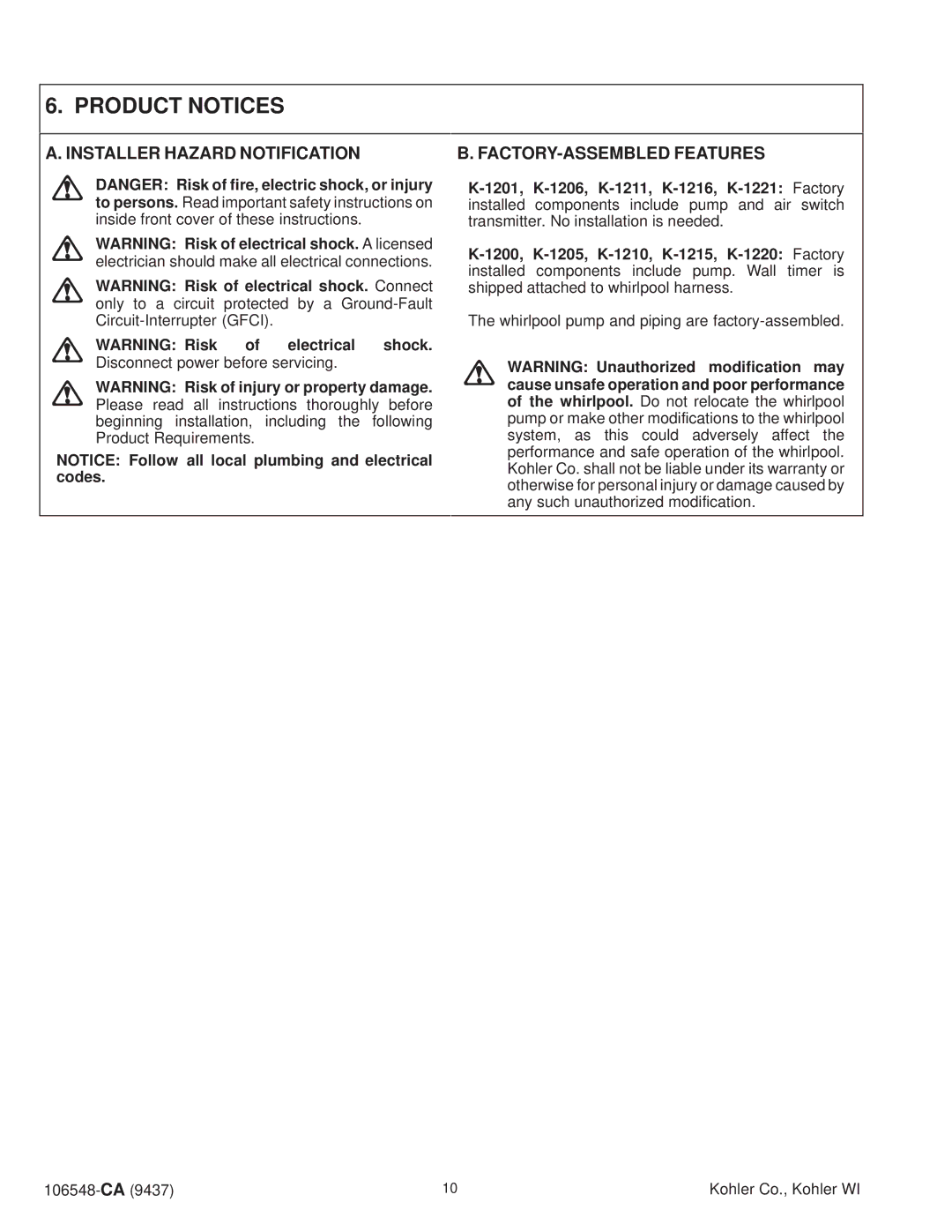 Kohler K-1215-AC, K-1200-AC, K-1201-AC, K-1205-AC, K-1206-AC, K-1210-AC manual Product Notices, Installer Hazard Notification 