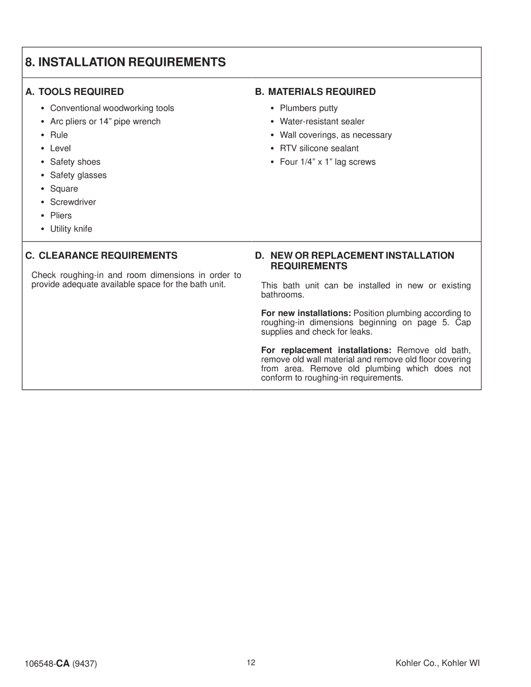 Kohler K-1201-AC, K-1215-AC, K-1200-AC Installation Requirements, Tools Required Materials Required, Clearance Requirements 