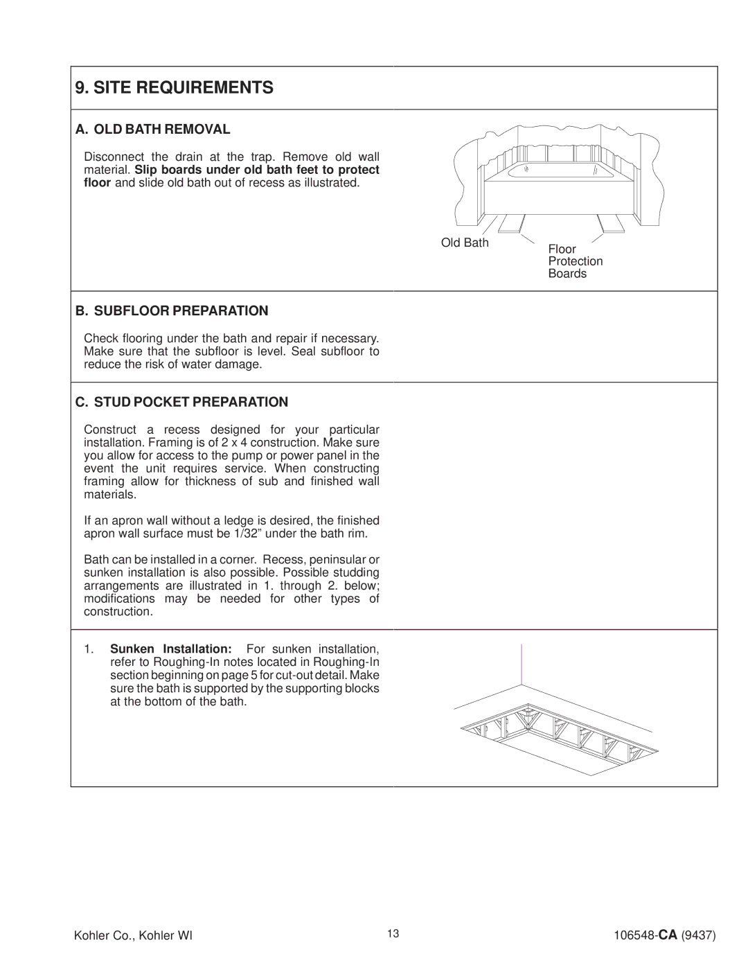 Kohler K-1205-AC, K-1215-AC, K-1200-AC Site Requirements, OLD Bath Removal, Subfloor Preparation, Stud Pocket Preparation 