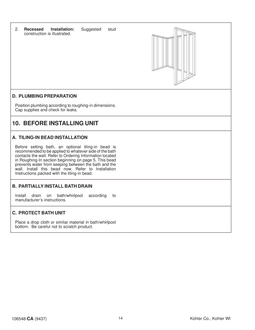 Kohler K-1206-AC Before Installing Unit, Plumbing Preparation, TILING-IN Bead Installation, Partially Install Bath Drain 