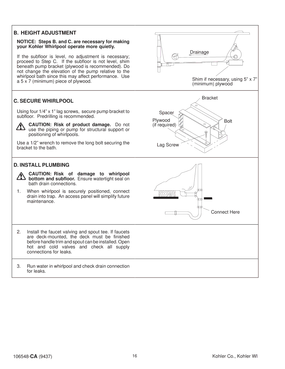 Kohler K-1220-AC, K-1215-AC, K-1200-AC, K-1201-AC, K-1205-AC, K-1206-AC Height Adjustment, Secure Whirlpool, Install Plumbing 