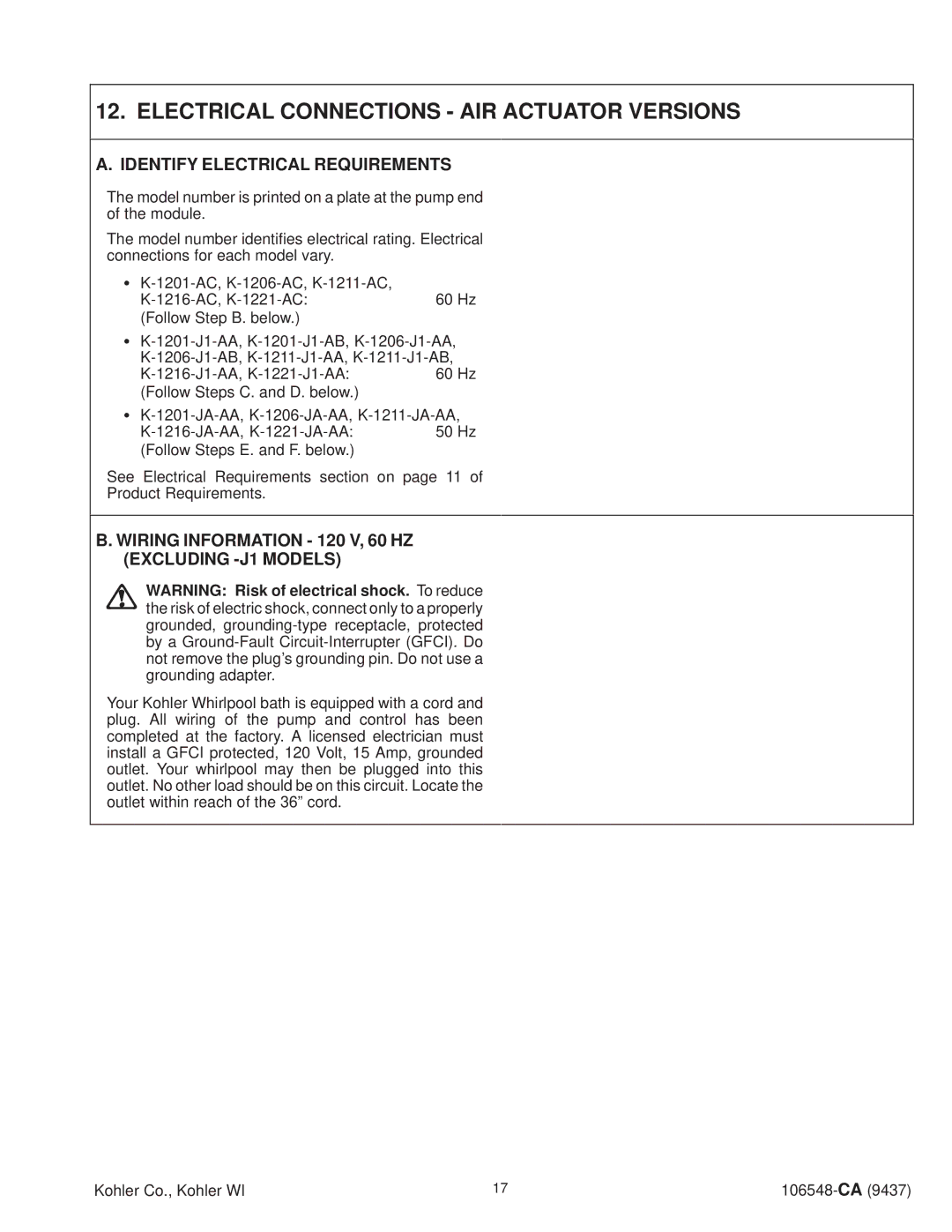 Kohler K-1211-AC, K-1215-AC, K-1200-AC manual Electrical Connections AIR Actuator Versions, Identify Electrical Requirements 