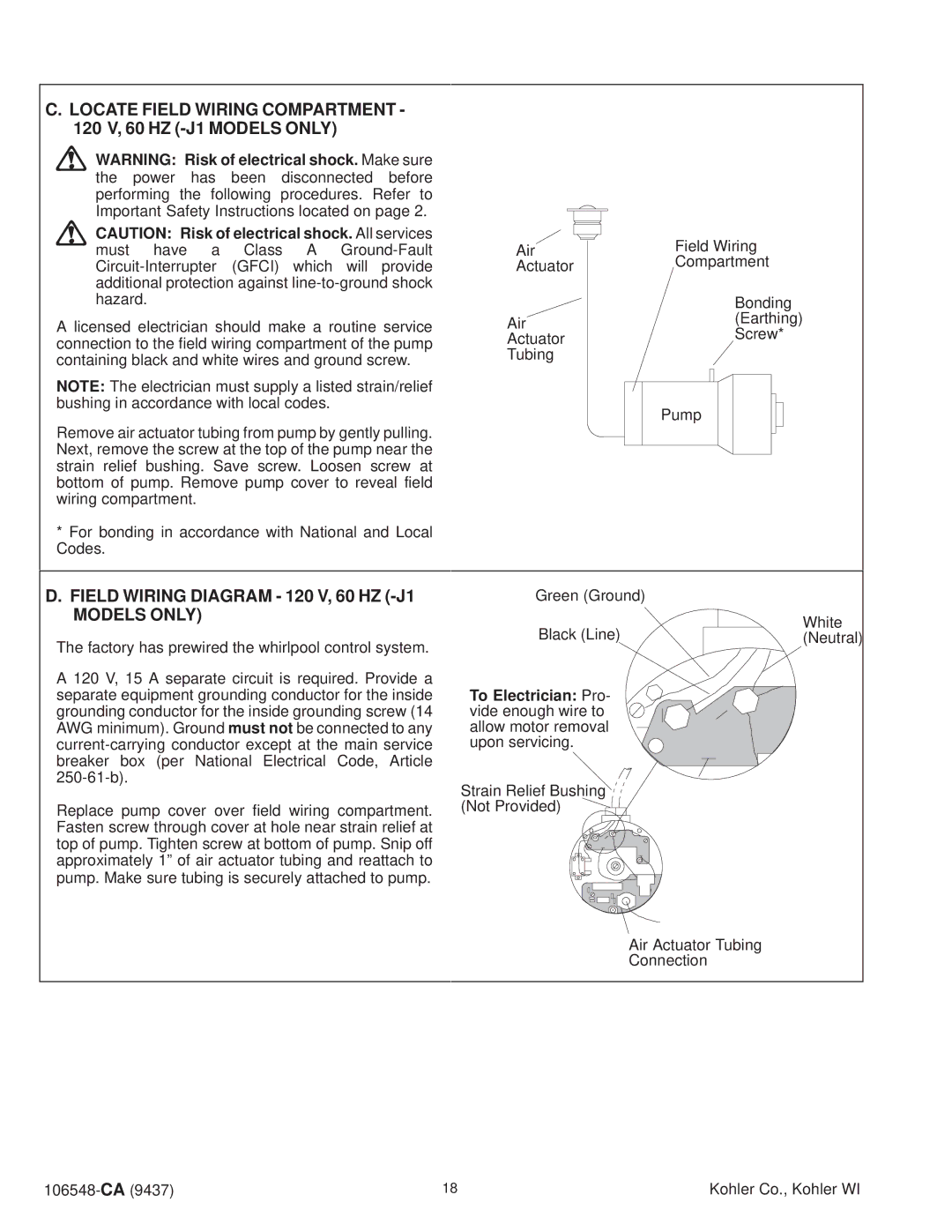 Kohler K-1216-AC, K-1215-AC, K-1200-AC, K-1201-AC, K-1205-AC Locate Field Wiring Compartment 120 V, 60 HZ -J1 Models only 