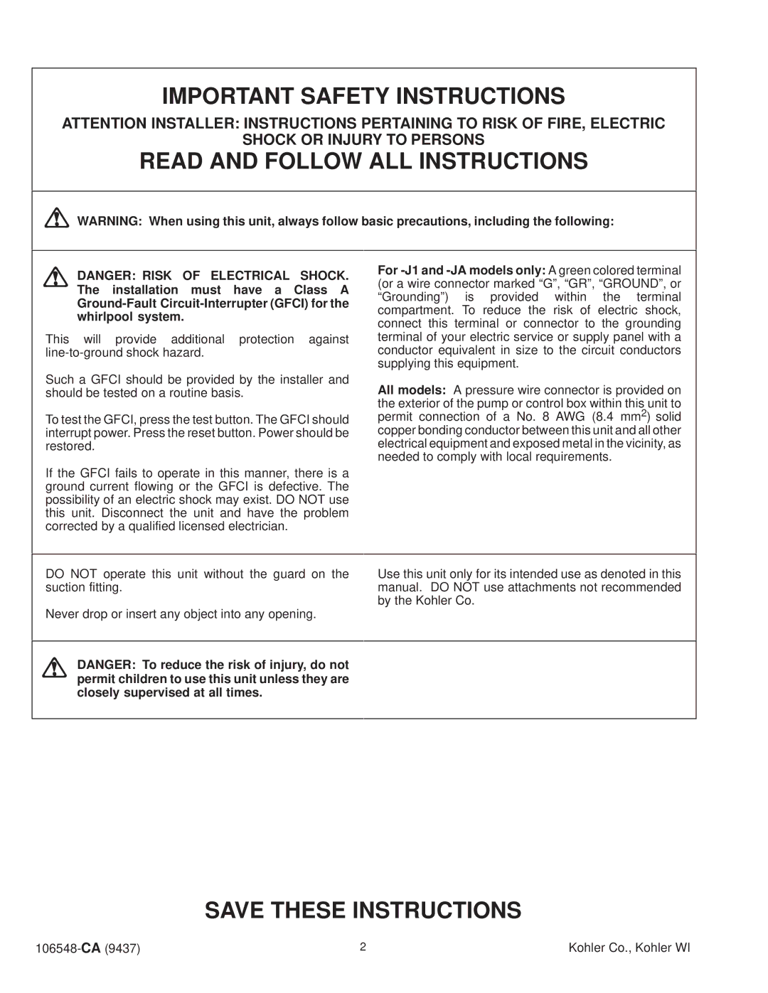 Kohler K-1201-AC, K-1215-AC, K-1200-AC, K-1205-AC, K-1206-AC, K-1210-AC, K-1220-AC, K-1211-AC manual Important Safety Instructions 