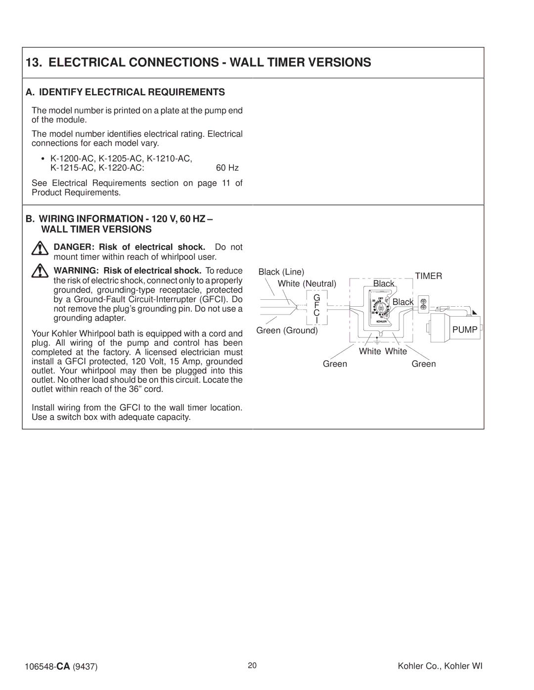 Kohler K-1215-AC manual Electrical Connections Wall Timer Versions, Wiring Information 120 V, 60 HZ Wall Timer Versions 