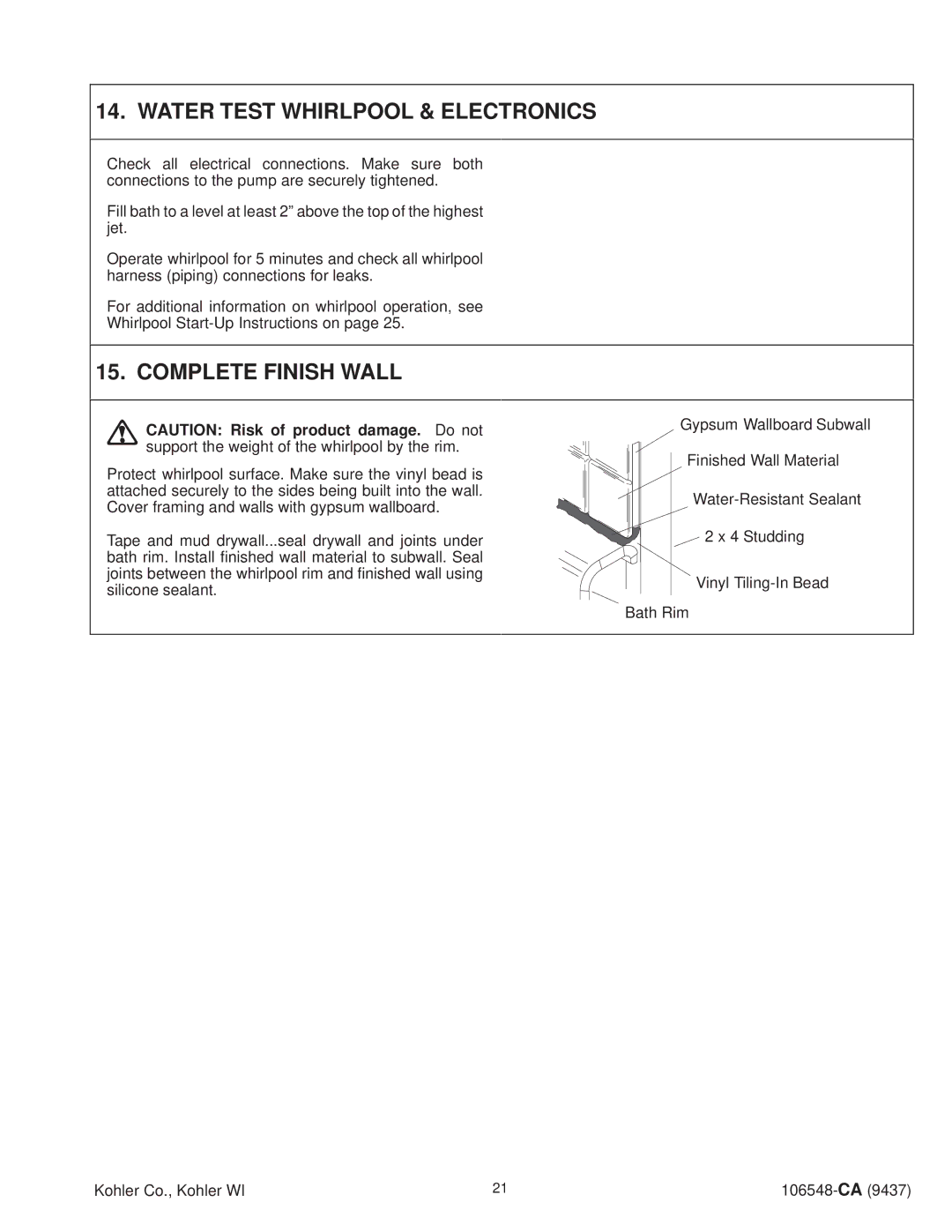 Kohler K-1200-AC, K-1215-AC, K-1201-AC, K-1205-AC, K-1206-AC manual Water Test Whirlpool & Electronics, Complete Finish Wall 