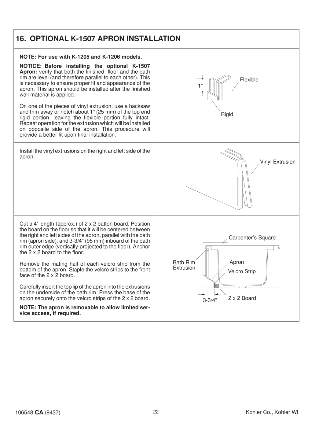 Kohler K-1201-AC, K-1215-AC, K-1200-AC, K-1205-AC, K-1206-AC, K-1210-AC, K-1220-AC, K-1211-AC Optional K-1507 Apron Installation 