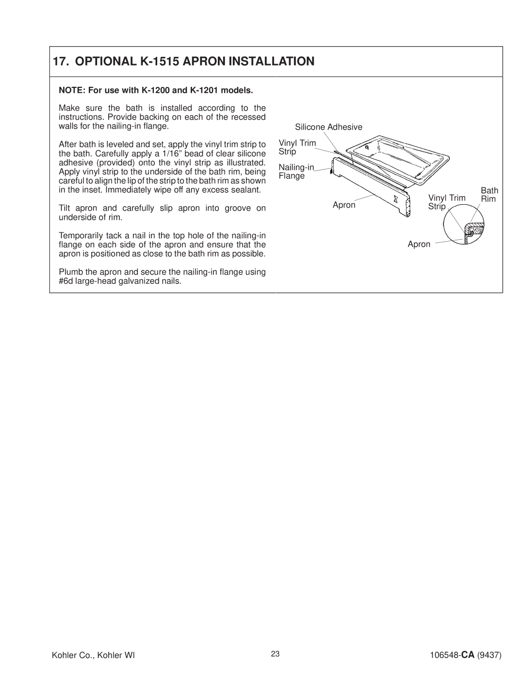 Kohler K-1205-AC, K-1215-AC, K-1200-AC, K-1201-AC, K-1206-AC, K-1210-AC, K-1220-AC, K-1211-AC Optional K-1515 Apron Installation 