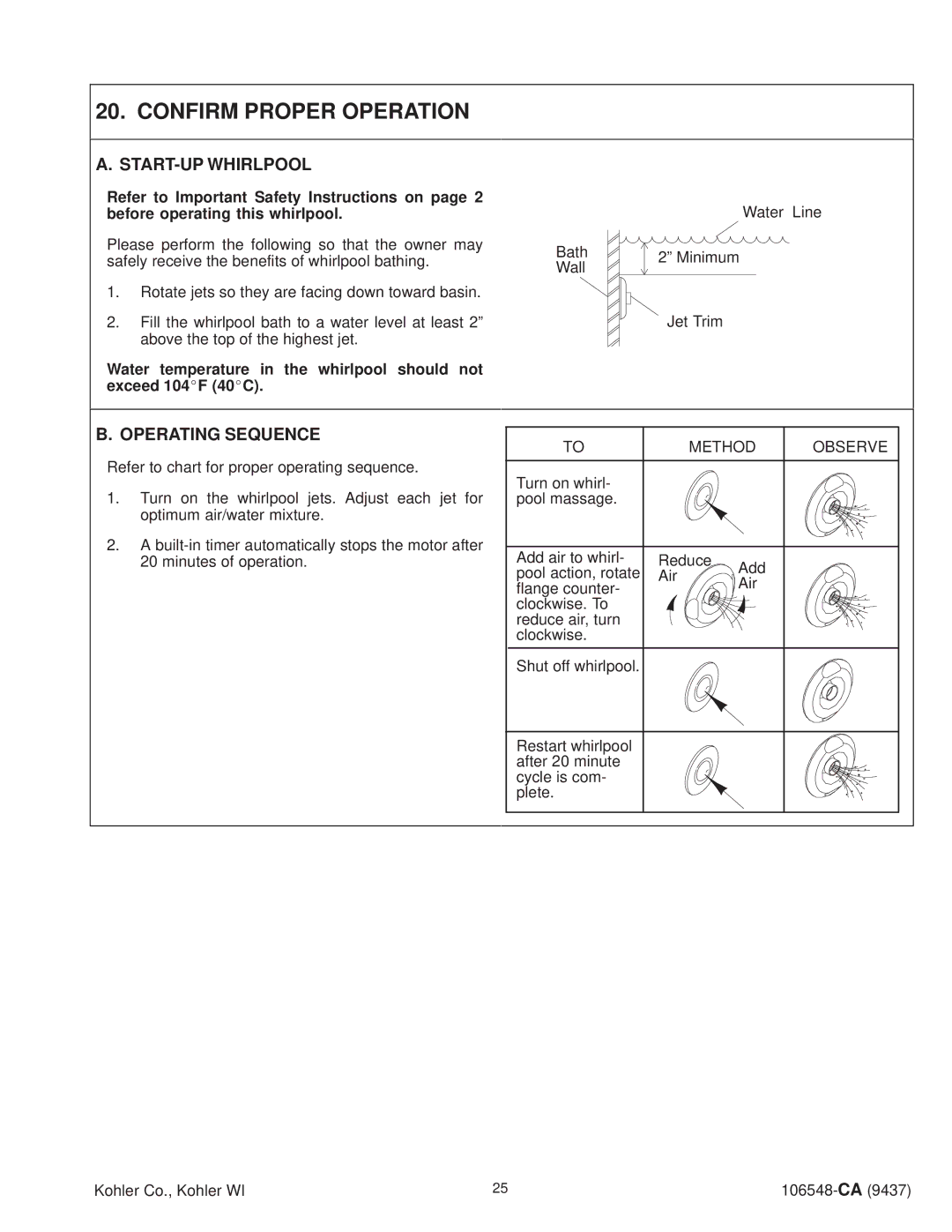 Kohler K-1210-AC, K-1215-AC, K-1200-AC, K-1201-AC, K-1205-AC Confirm Proper Operation, START-UP Whirlpool, Operating Sequence 