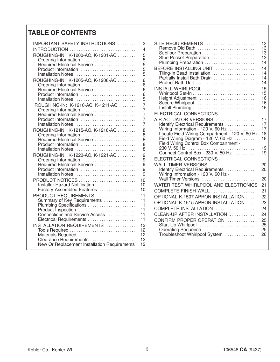 Kohler K-1205-AC, K-1215-AC, K-1200-AC, K-1201-AC, K-1206-AC, K-1210-AC, K-1220-AC, K-1211-AC, K-1216-AC manual Table of Contents 