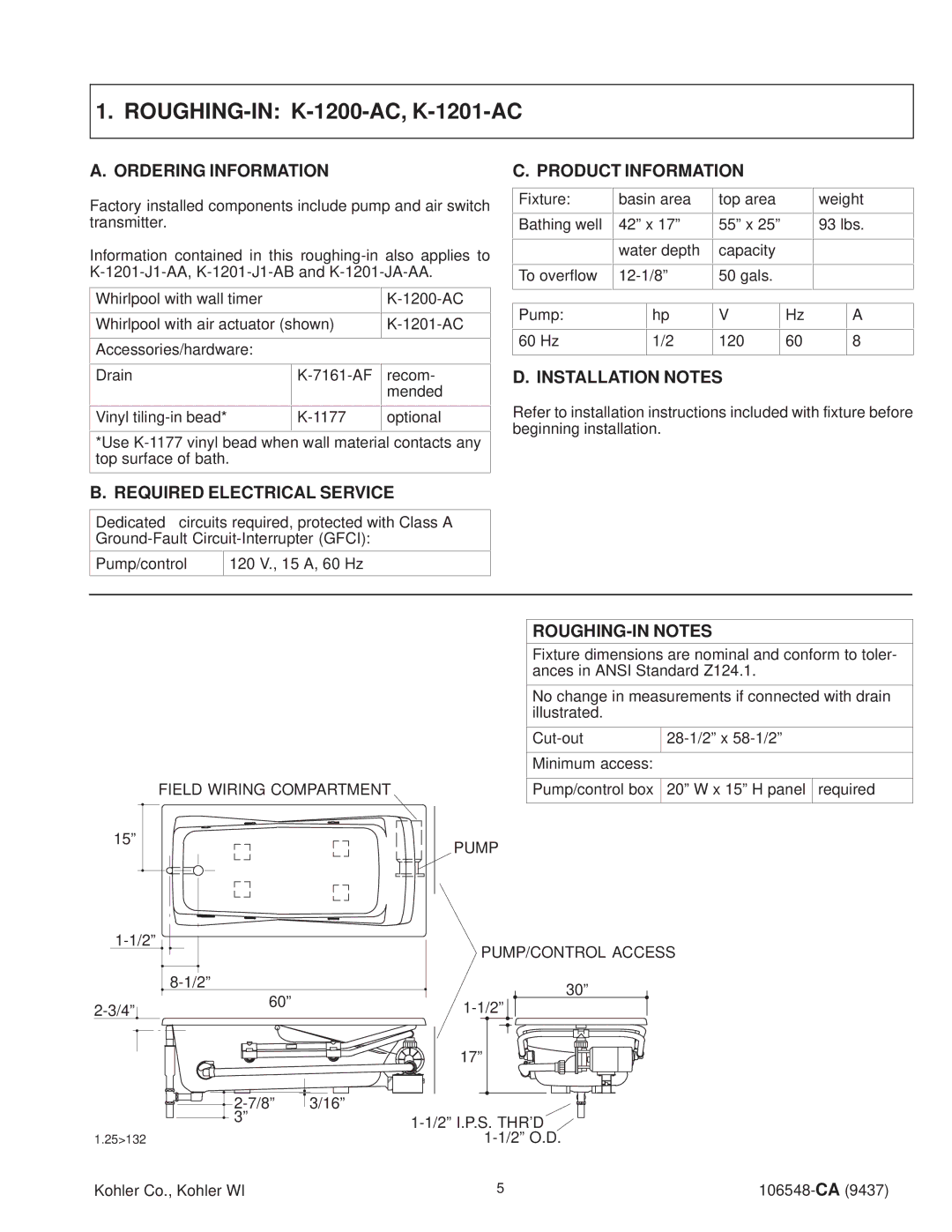 Kohler K-1210-AC, K-1215-AC, K-1205-AC, K-1206-AC, K-1220-AC, K-1211-AC, K-1216-AC, K-1221-AC ROUGHING-IN K-1200-AC, K-1201-AC 