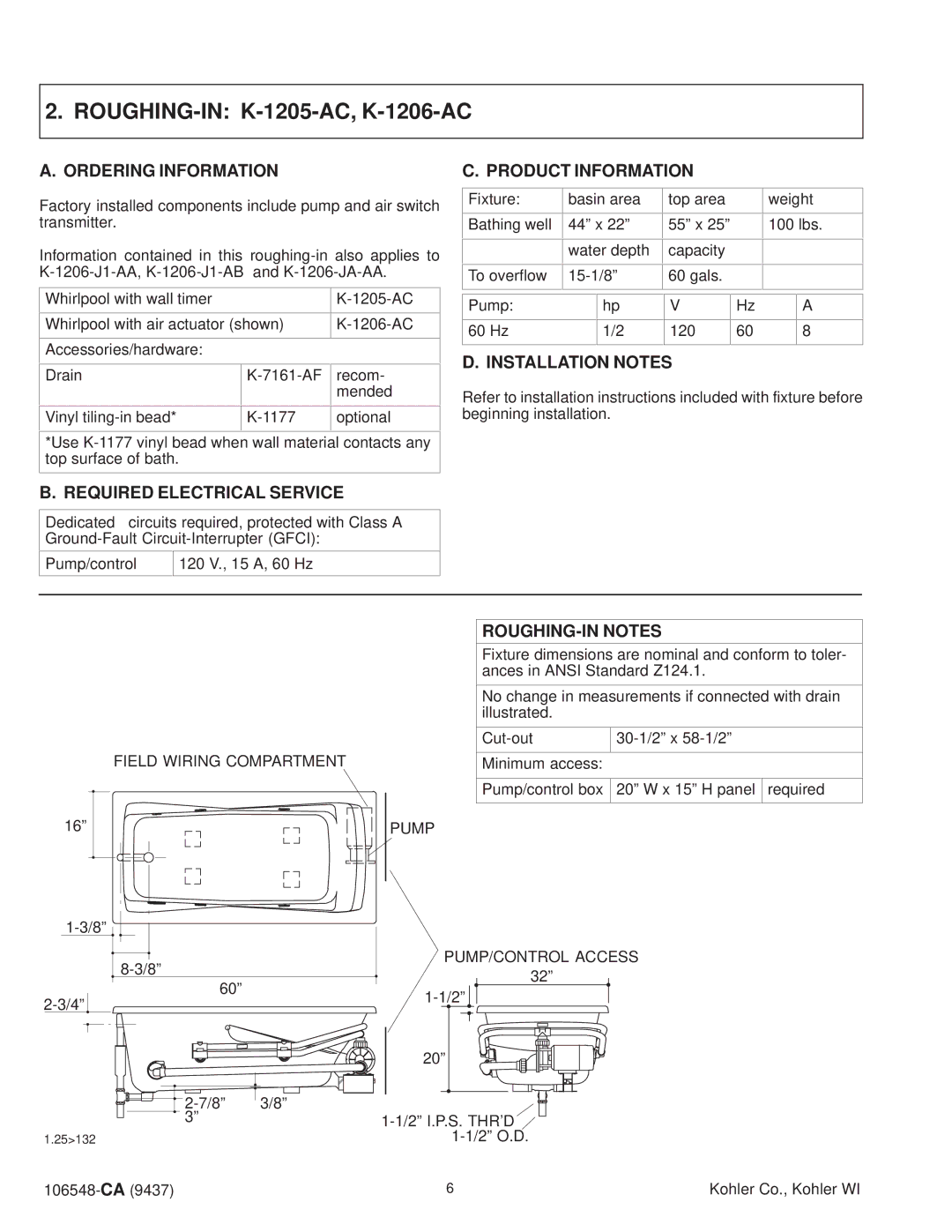 Kohler K-1220-AC, K-1215-AC, K-1200-AC, K-1201-AC, K-1210-AC, K-1211-AC, K-1216-AC, K-1221-AC ROUGHING-IN K-1205-AC, K-1206-AC 