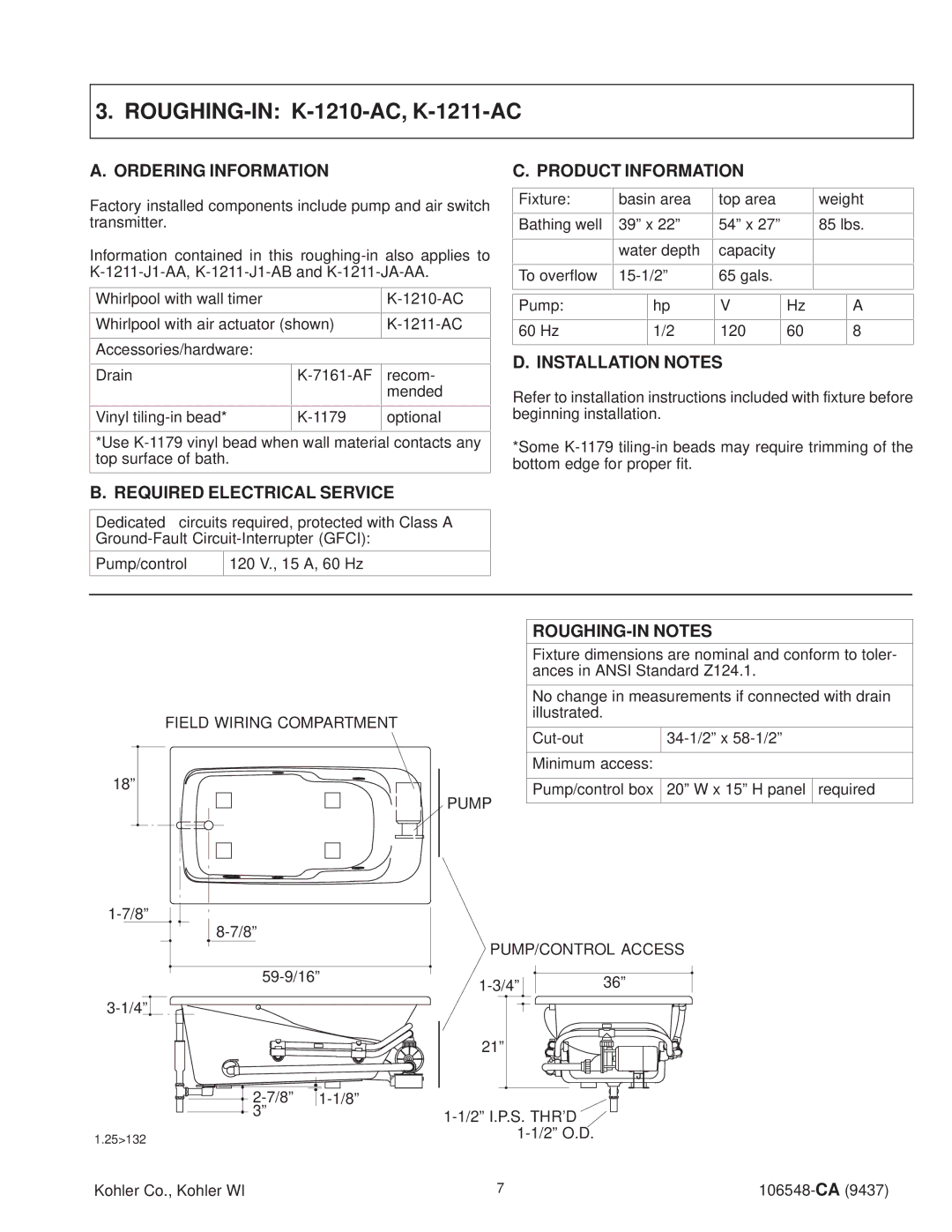 Kohler K-1215-AC, K-1200-AC, K-1201-AC, K-1205-AC, K-1206-AC, K-1220-AC, K-1216-AC manual ROUGHING-IN K-1210-AC, K-1211-AC 