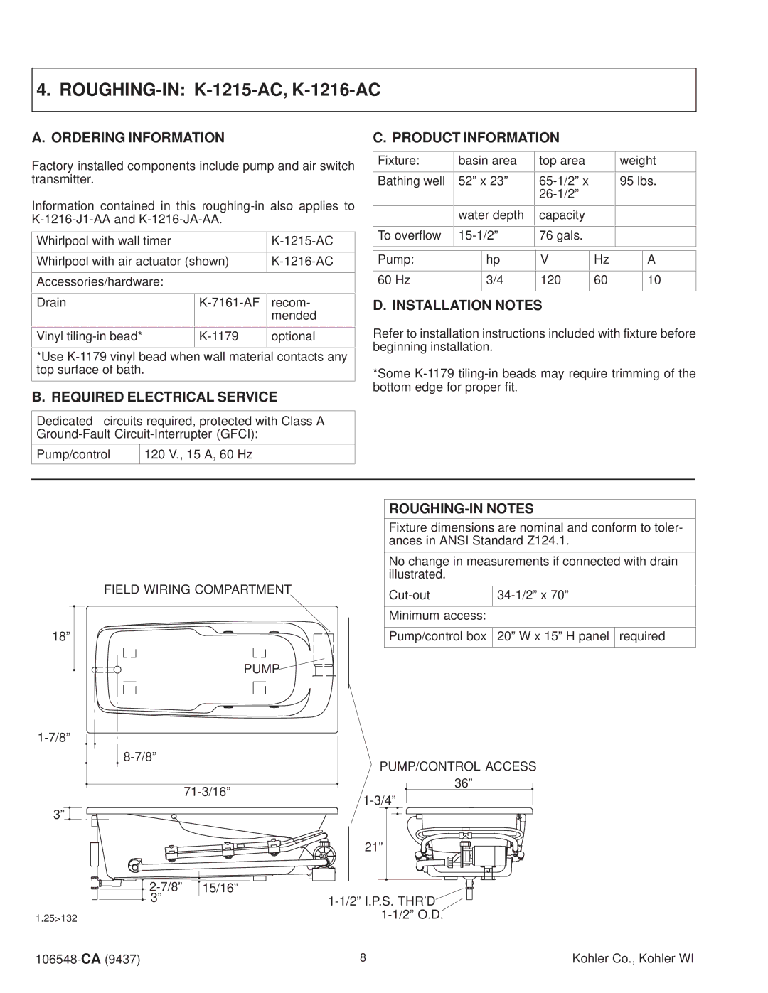 Kohler K-1200-AC, K-1201-AC, K-1205-AC, K-1206-AC, K-1210-AC, K-1220-AC, K-1211-AC manual ROUGHING-IN K-1215-AC, K-1216-AC 