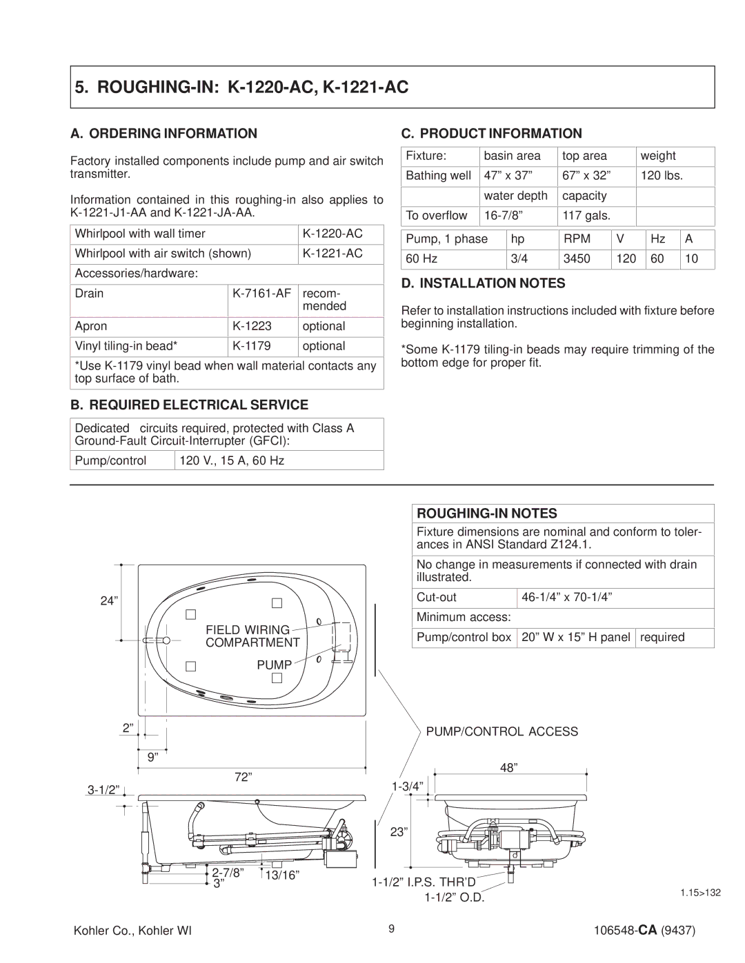 Kohler K-1215-AC, K-1200-AC, K-1201-AC, K-1205-AC, K-1206-AC, K-1210-AC, K-1211-AC manual ROUGHING-IN K-1220-AC, K-1221-AC 