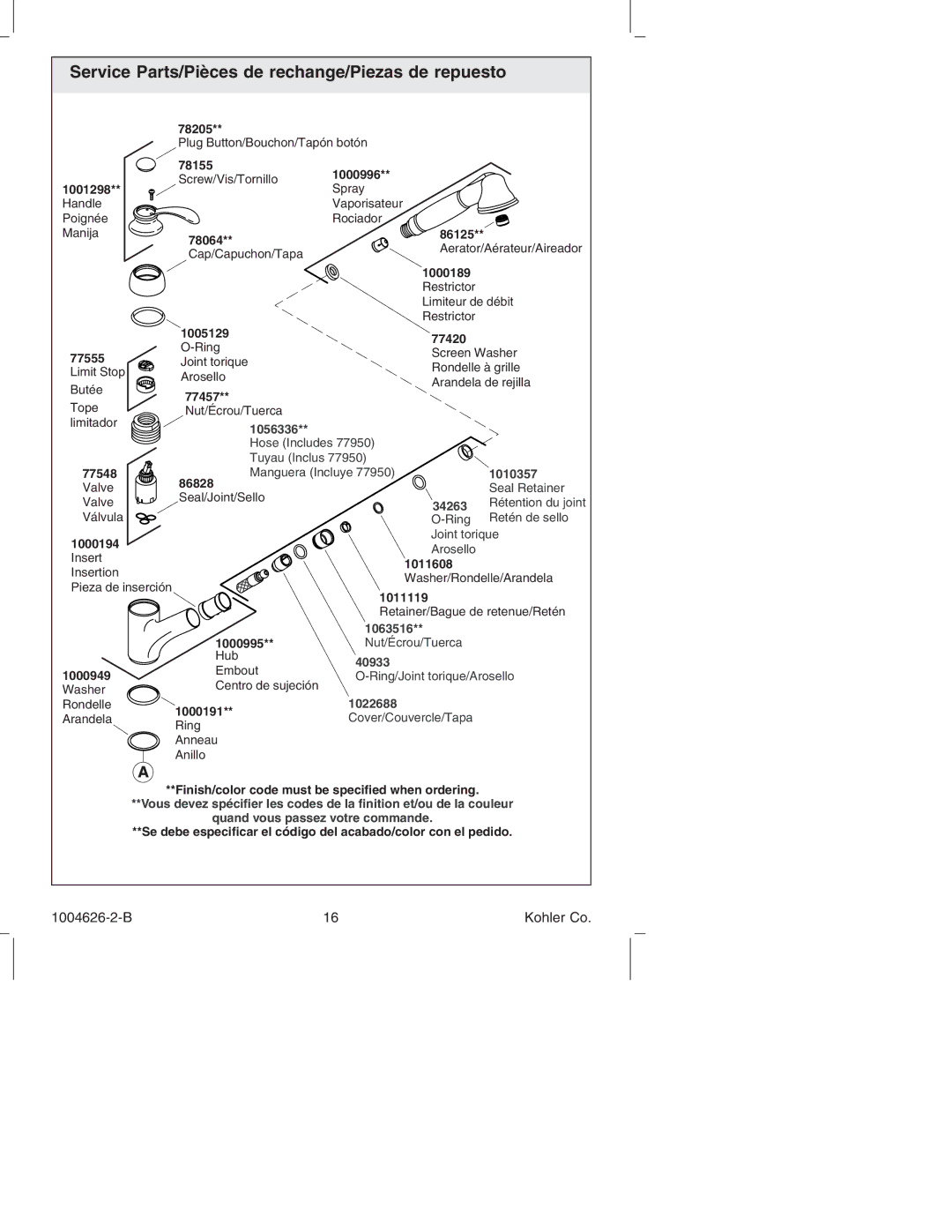 Kohler K-12177 manual Service Parts/Pièces de rechange/Piezas de repuesto, 1056336 