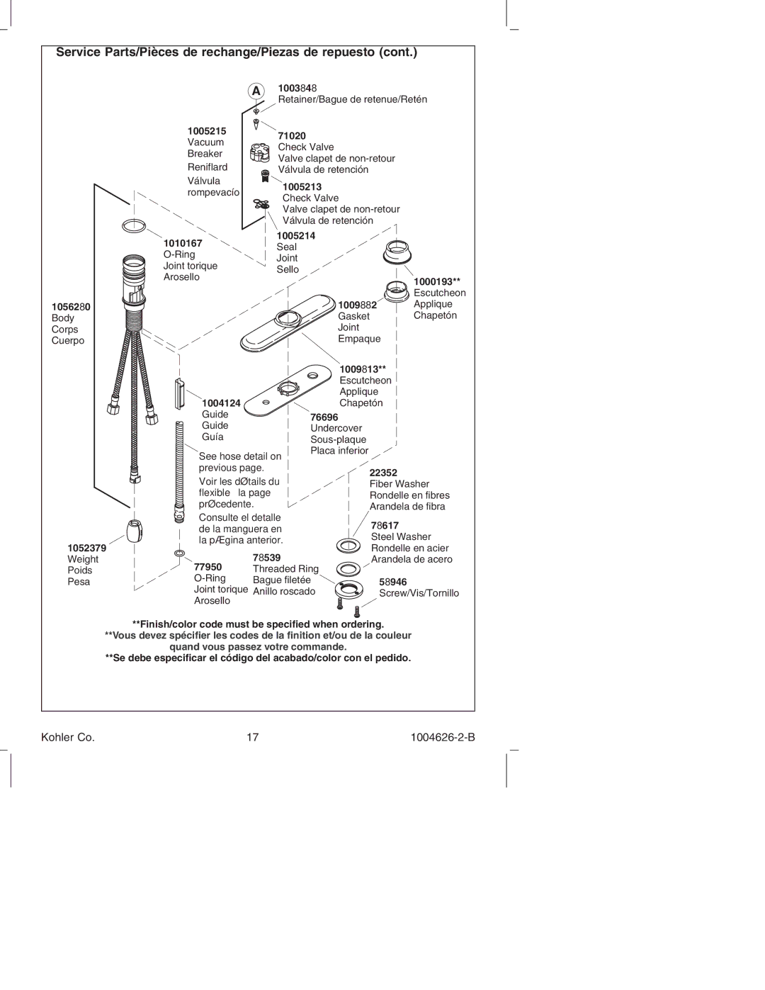 Kohler K-12177 manual Service Parts/Pièces de rechange/Piezas de repuesto, 22352 