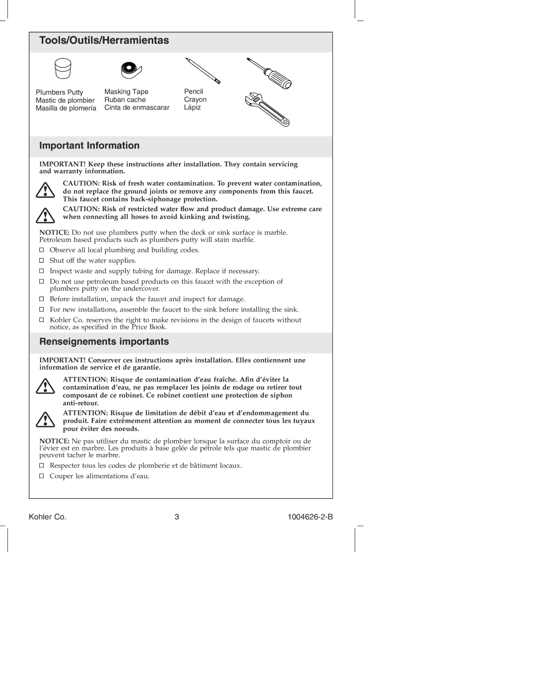 Kohler K-12177 manual Important Information, Renseignements importants 