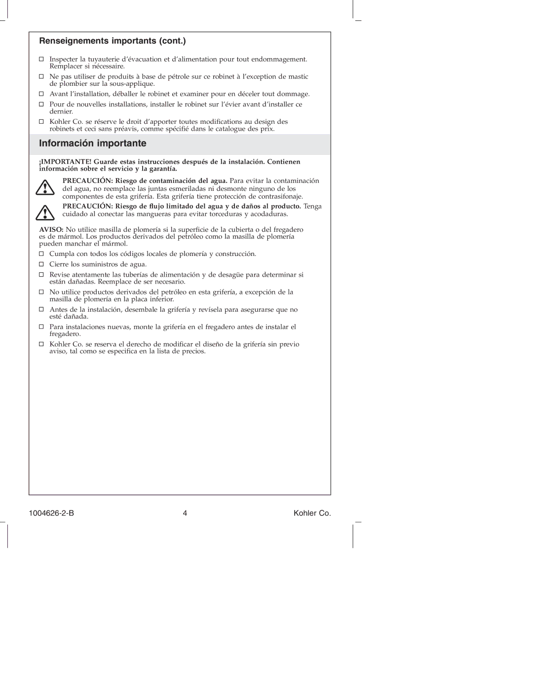 Kohler K-12177 manual Información importante, Renseignements importants 