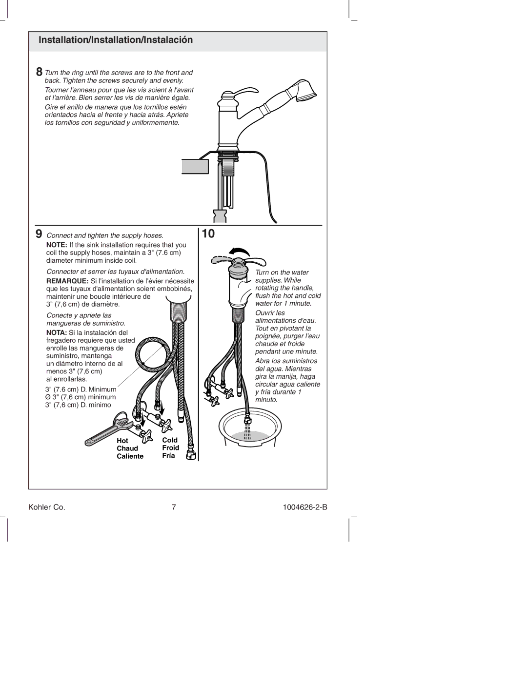 Kohler K-12177 manual Hot Cold Chaud Froid Caliente Fría 