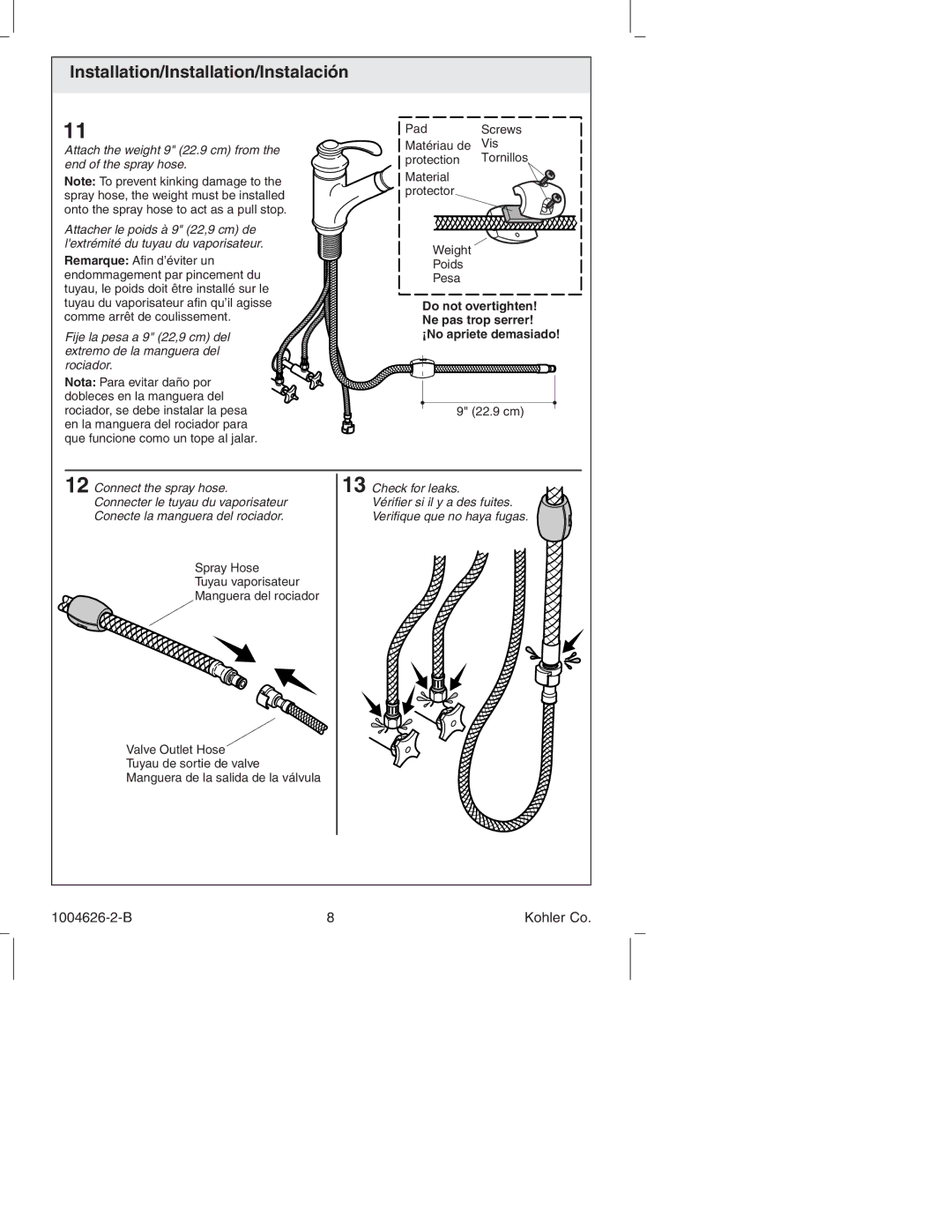 Kohler K-12177 manual Attach the weight 9 22.9 cm from the end of the spray hose 