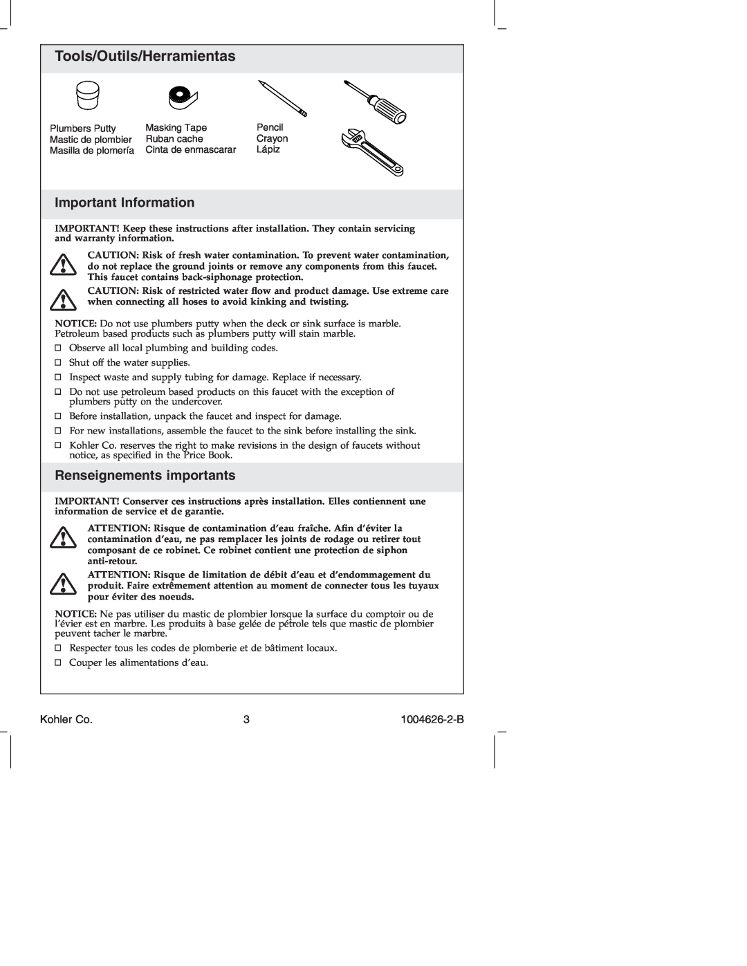 Kohler K-12177 manual Important Information, Renseignements importants, Kohler Co, Tools/Outils/Herramientas 