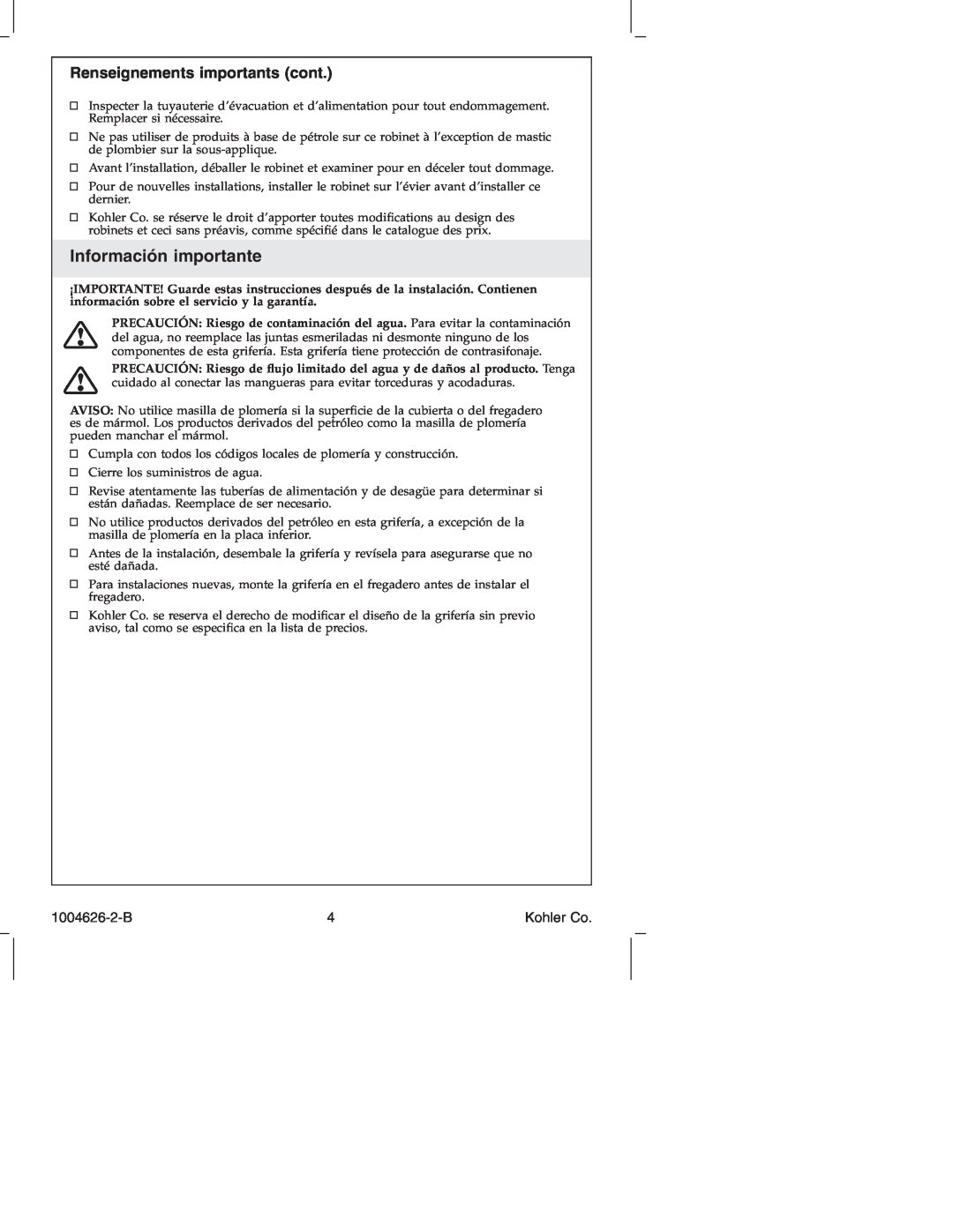 Kohler K-12177 manual Información importante, Renseignements importants cont, 1004626-2-B 