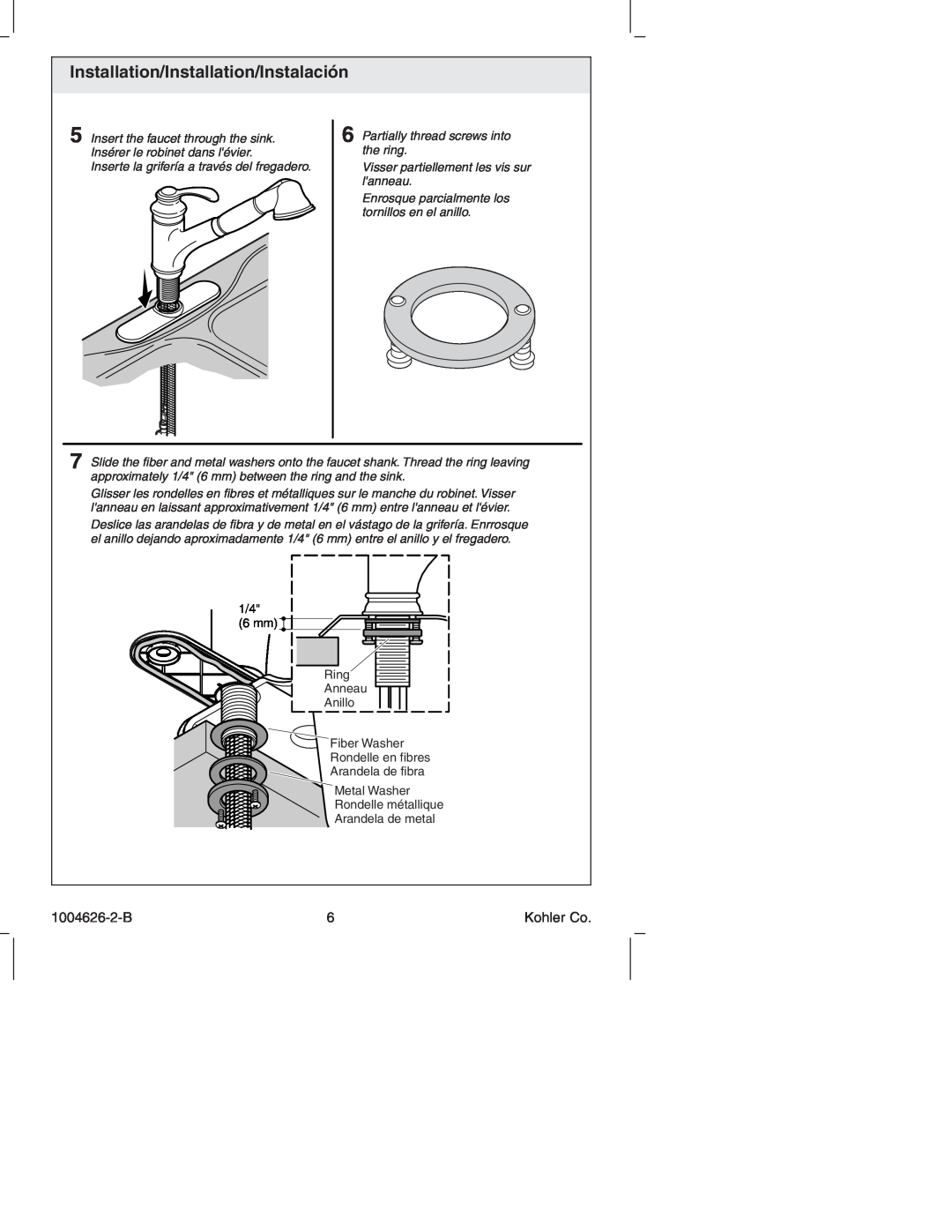 Kohler K-12177 manual Installation/Installation/Instalación, 1004626-2-B, Insert the faucet through the sink 
