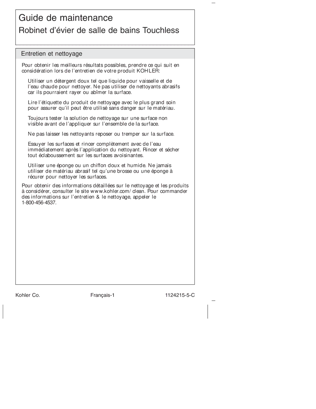 Kohler K-1375, K-13468, K-1374, K-13469, K-13453, K-13462 manual Guide de maintenance, Entretien et nettoyage 