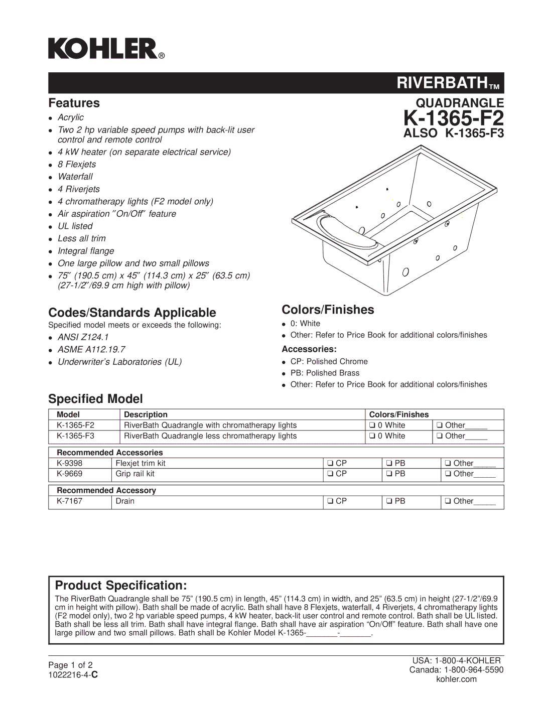 Kohler K-1365-F2 manual Features, Also K-1365-F3 Codes/Standards Applicable, Colors/Finishes, Specied Model 