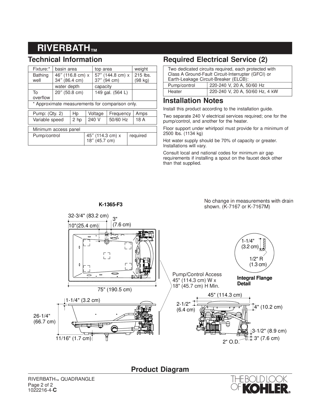 Kohler K-1365-F3, K-1365-F2 manual Technical Information, Required Electrical Service, Installation Notes, Product Diagram 