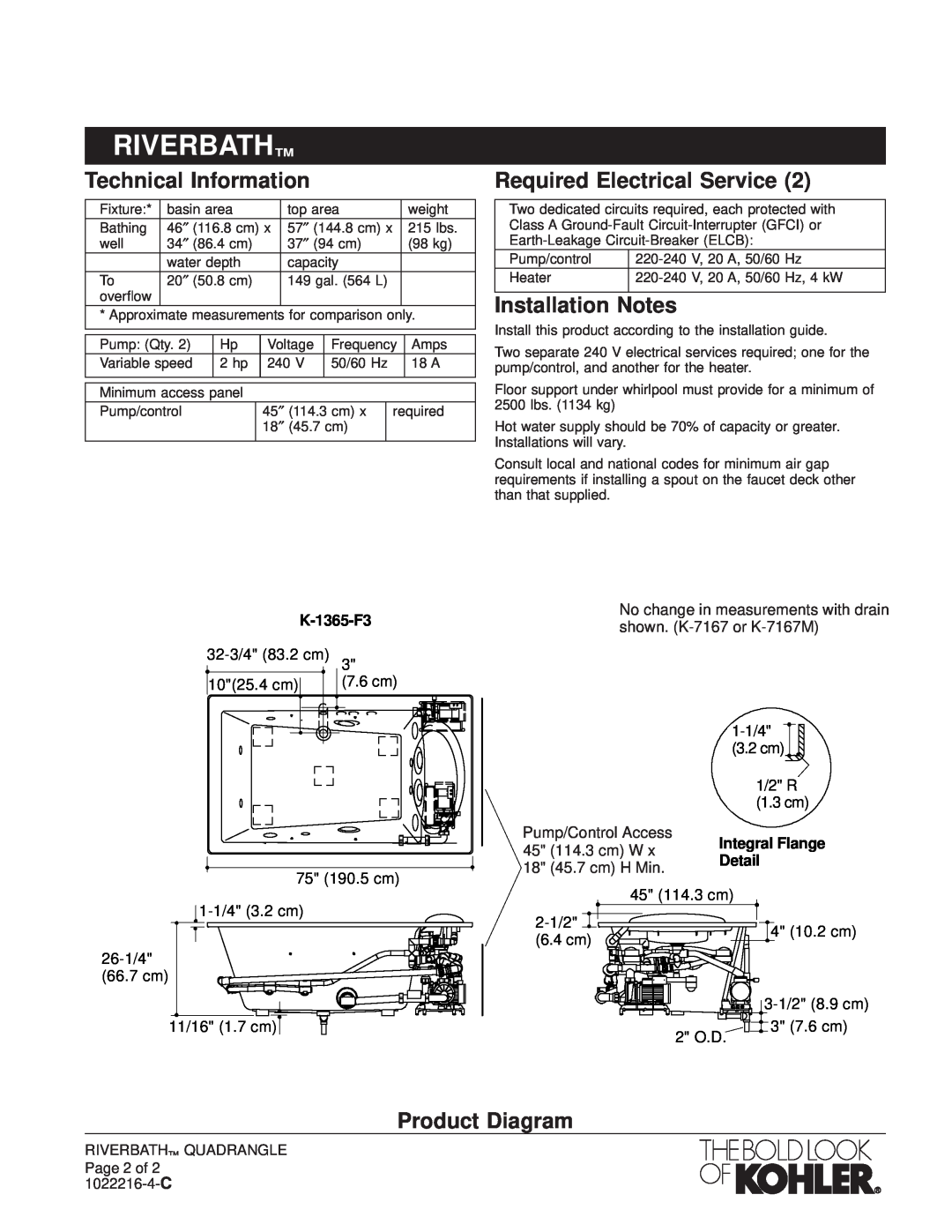 Kohler K-1365-F3 manual Technical Information, Required Electrical Service, Installation Notes, Product Diagram, Riverbath 
