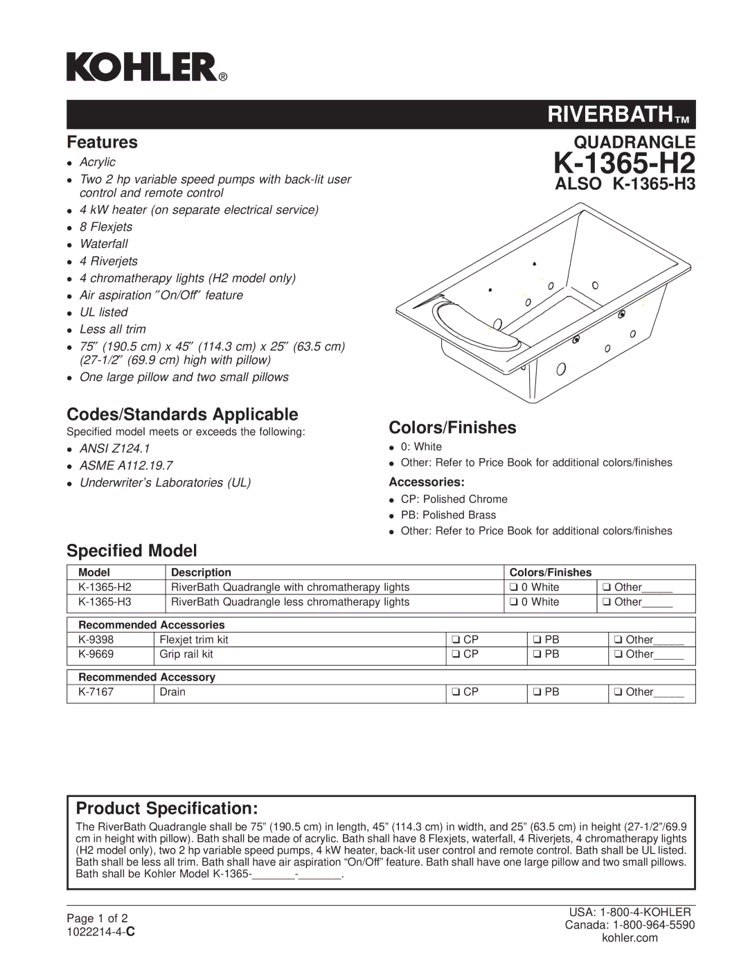 Kohler manual Features, Also K-1365-H3 Codes/Standards Applicable, Specied Model Colors/Finishes, Product Specication 