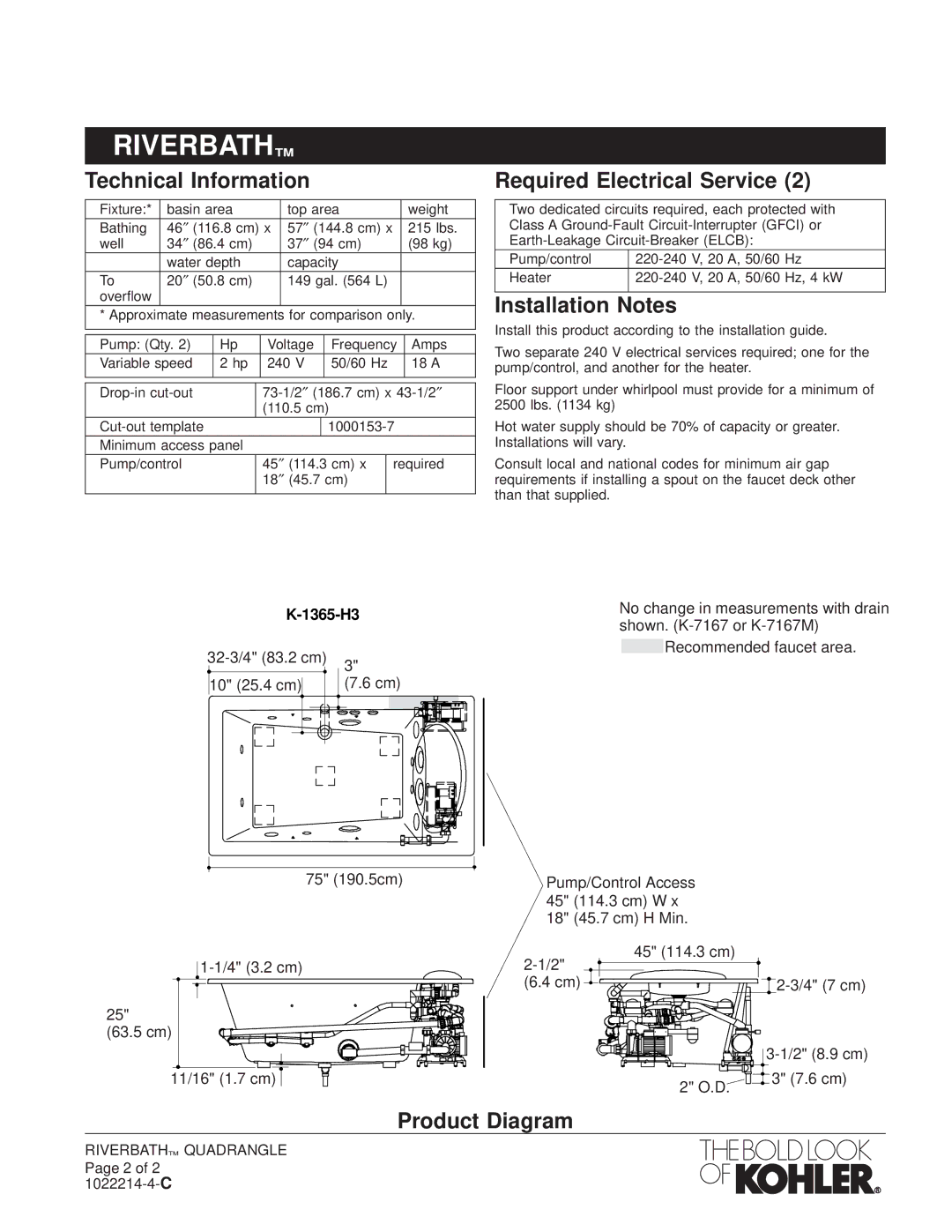 Kohler K-1365-H2 manual Technical Information, Required Electrical Service, Installation Notes, Product Diagram, 1365-H3 