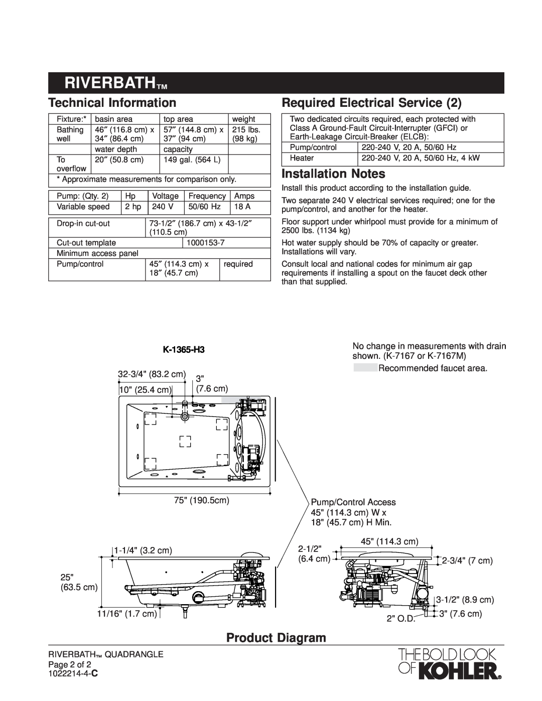 Kohler K-1365-H2 manual Technical Information, Required Electrical Service, Installation Notes, Product Diagram, K-1365-H3 