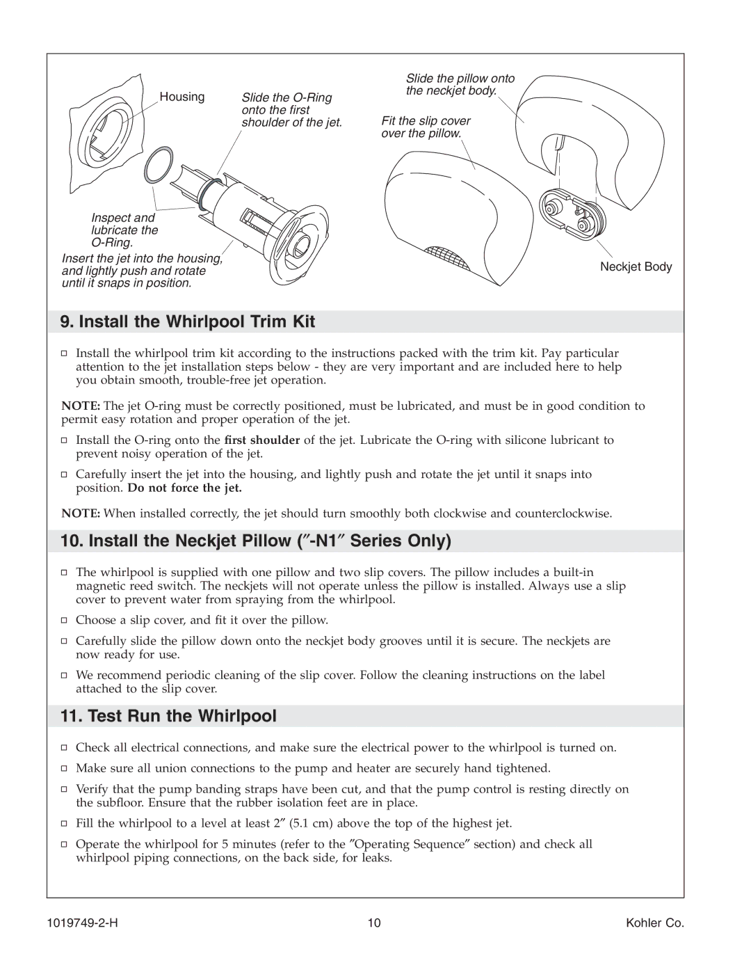 Kohler K-1014, K-1375 Install the Whirlpool Trim Kit, Install the Neckjet Pillow ″-N1″Series Only, Test Run the Whirlpool 