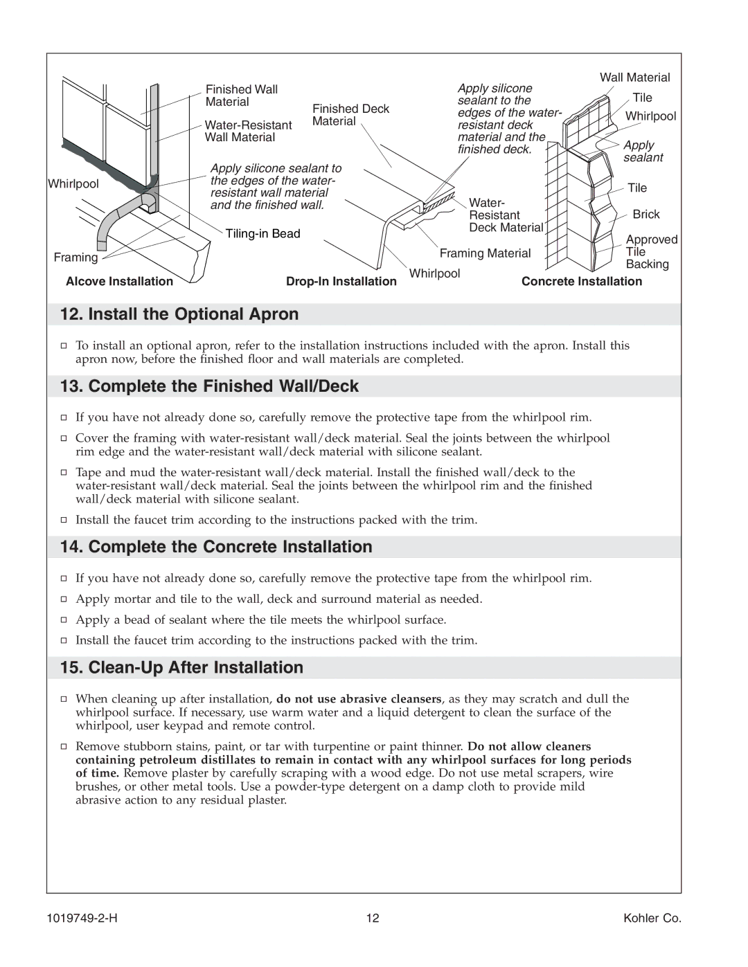 Kohler K-1110, K-1375 manual Install the Optional Apron, Complete the Finished Wall/Deck, Complete the Concrete Installation 