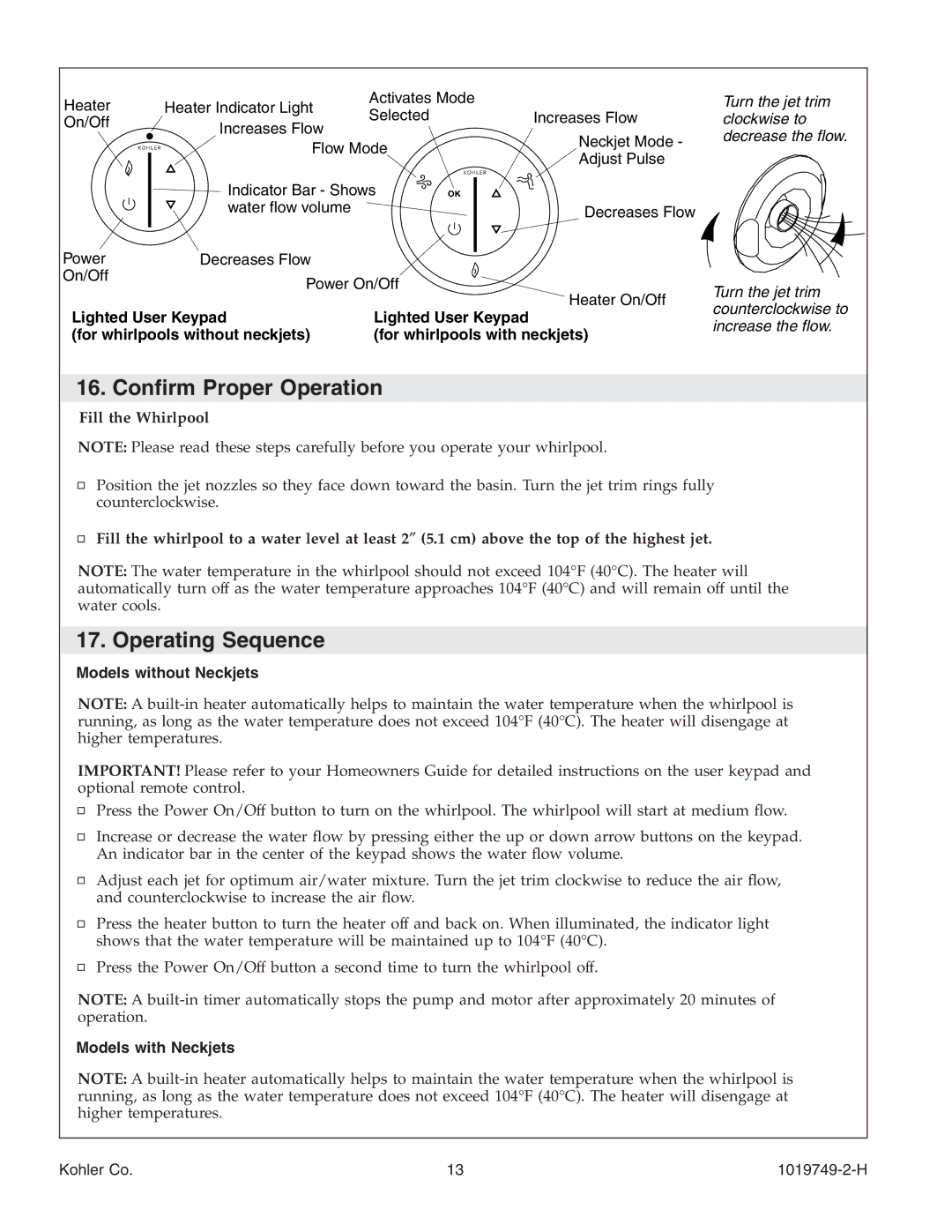 Kohler K-1369, K-1375, K-1461 Conﬁrm Proper Operation, Operating Sequence, Models without Neckjets, Models with Neckjets 