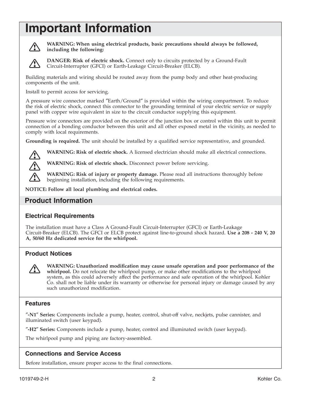 Kohler K-1433 manual Product Information, Electrical Requirements, Product Notices Features, Connections and Service Access 