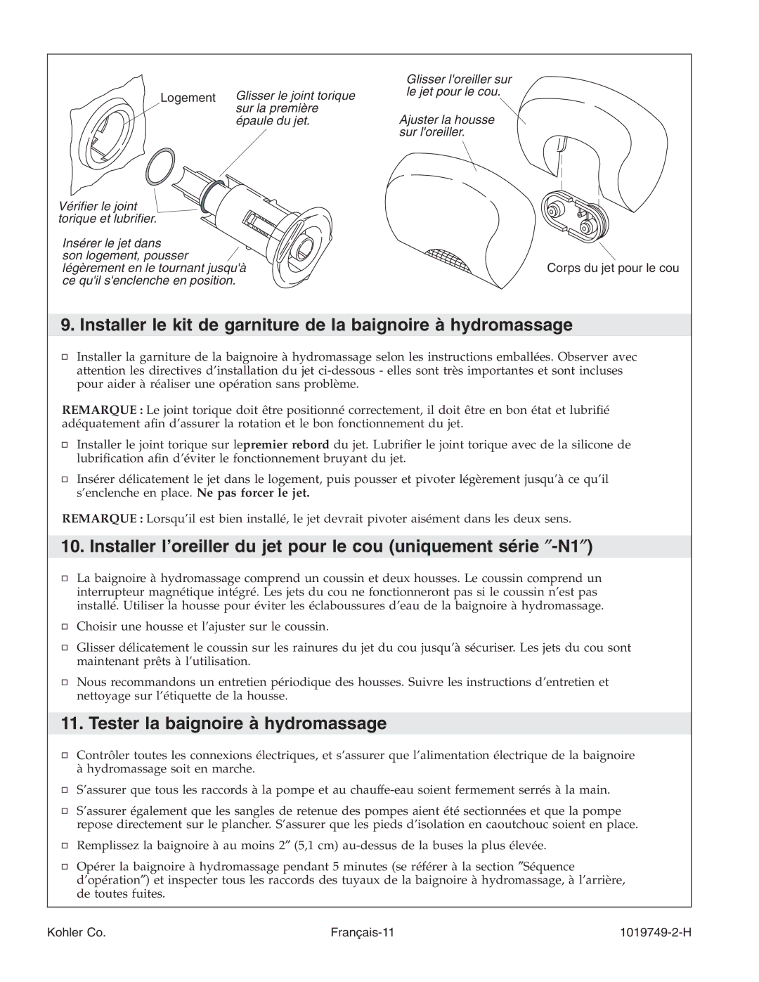 Kohler K-1369, K-1375 Installer le kit de garniture de la baignoire à hydromassage, Tester la baignoire à hydromassage 