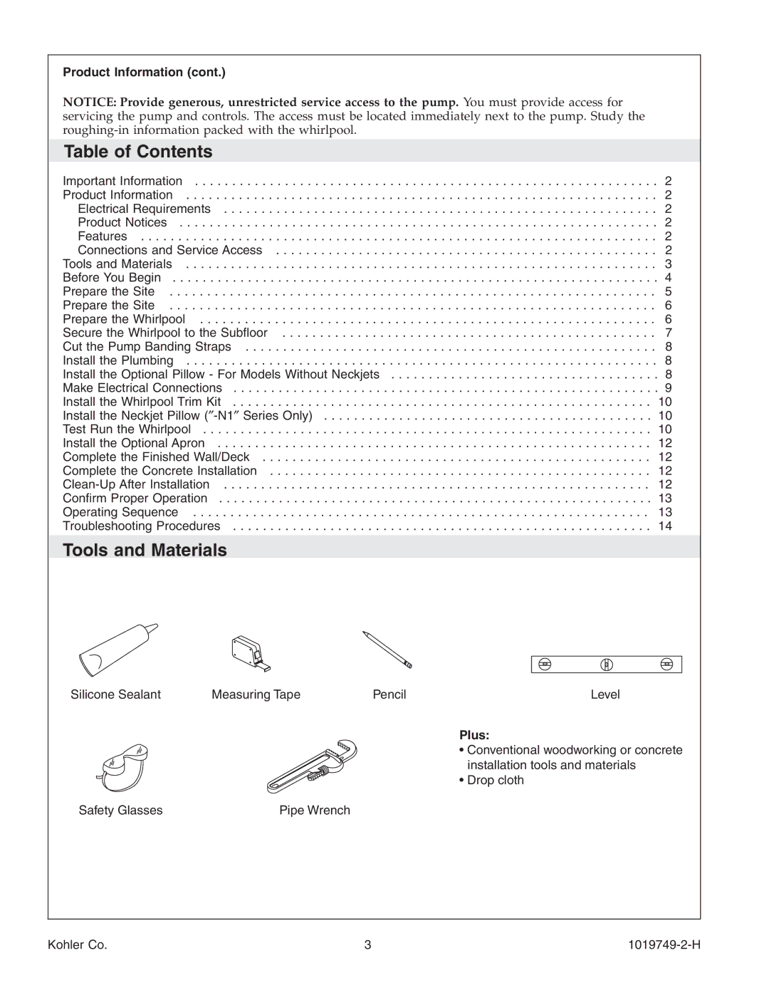 Kohler K-1460, K-1375, K-1461, K-1433, K-1492, K-1368, K-1170, K-1477, K-1457, K-1487 manual Table of Contents, Tools and Materials 