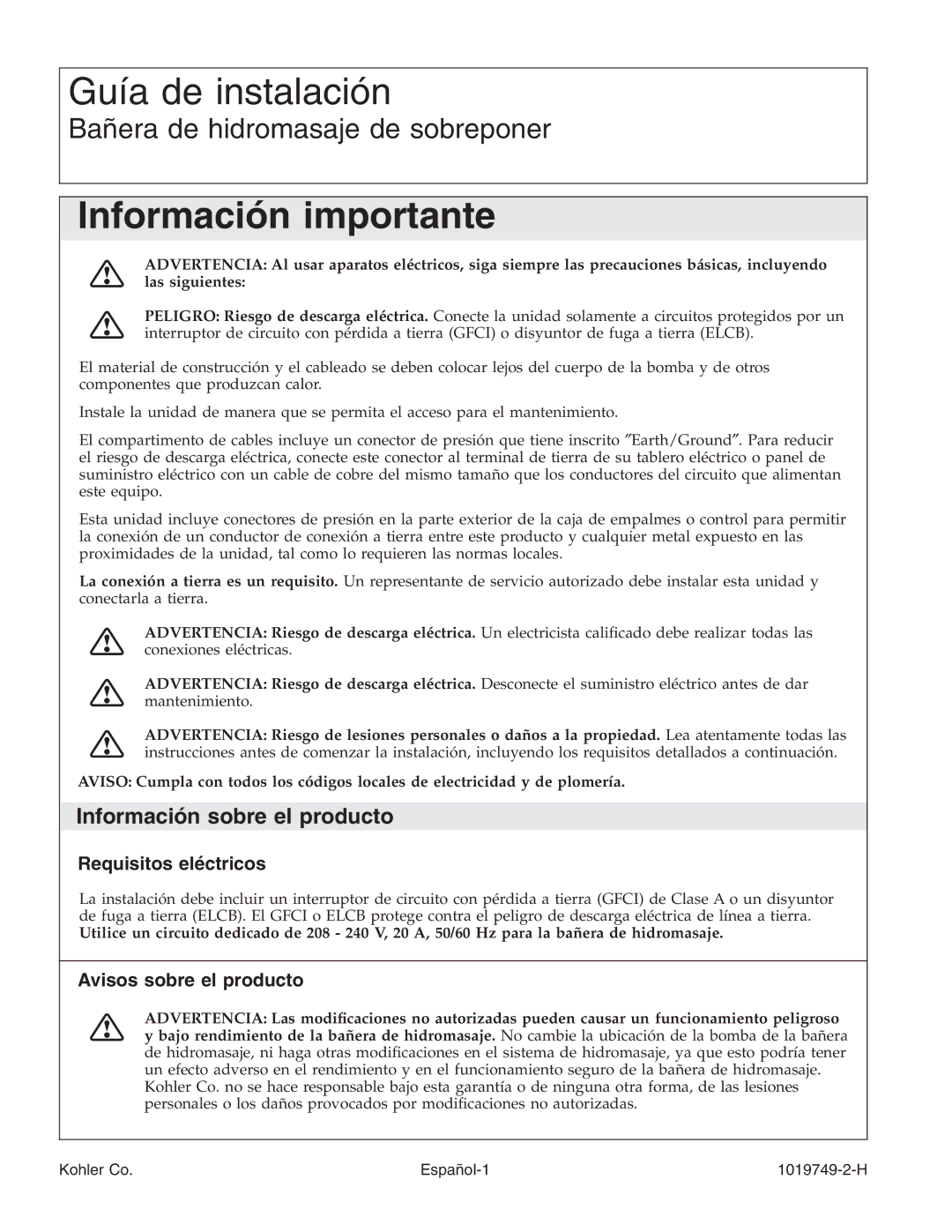 Kohler K-1457, K-1375, K-1461, K-1433, K-1460 Información sobre el producto, Requisitos eléctricos, Avisos sobre el producto 