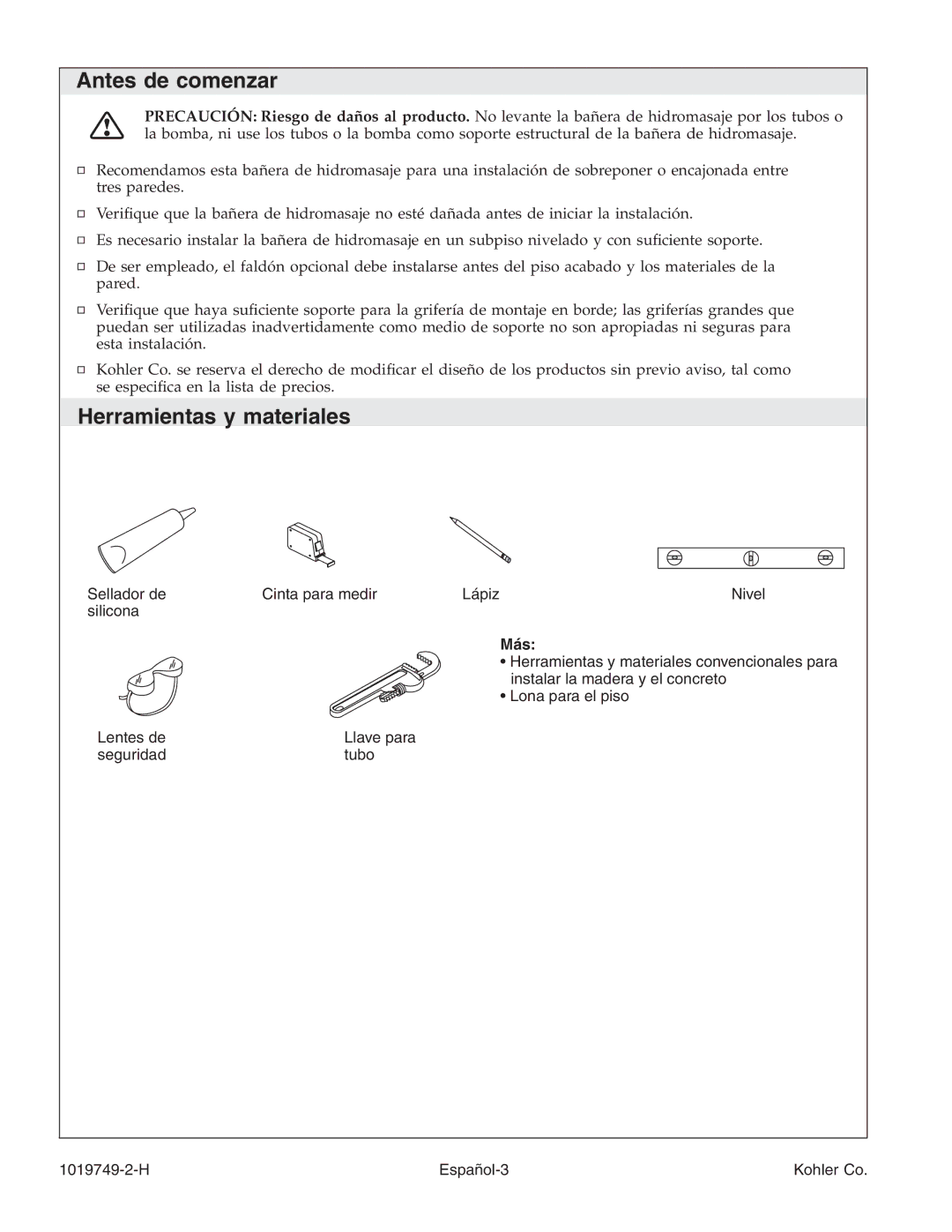 Kohler K-1014, K-1375, K-1461, K-1433, K-1460, K-1492, K-1368, K-1170, K-1477 Antes de comenzar, Herramientas y materiales, Más 