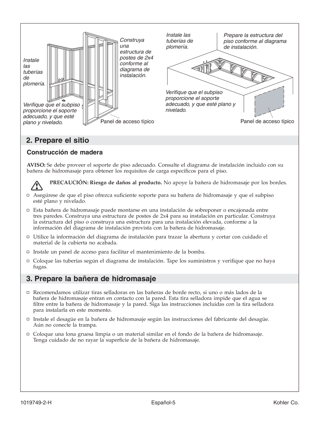 Kohler K-1110, K-1375, K-1461, K-1433, K-1460, K-1492, K-1368, K-1170 Prepare la bañera de hidromasaje, Construcción de madera 