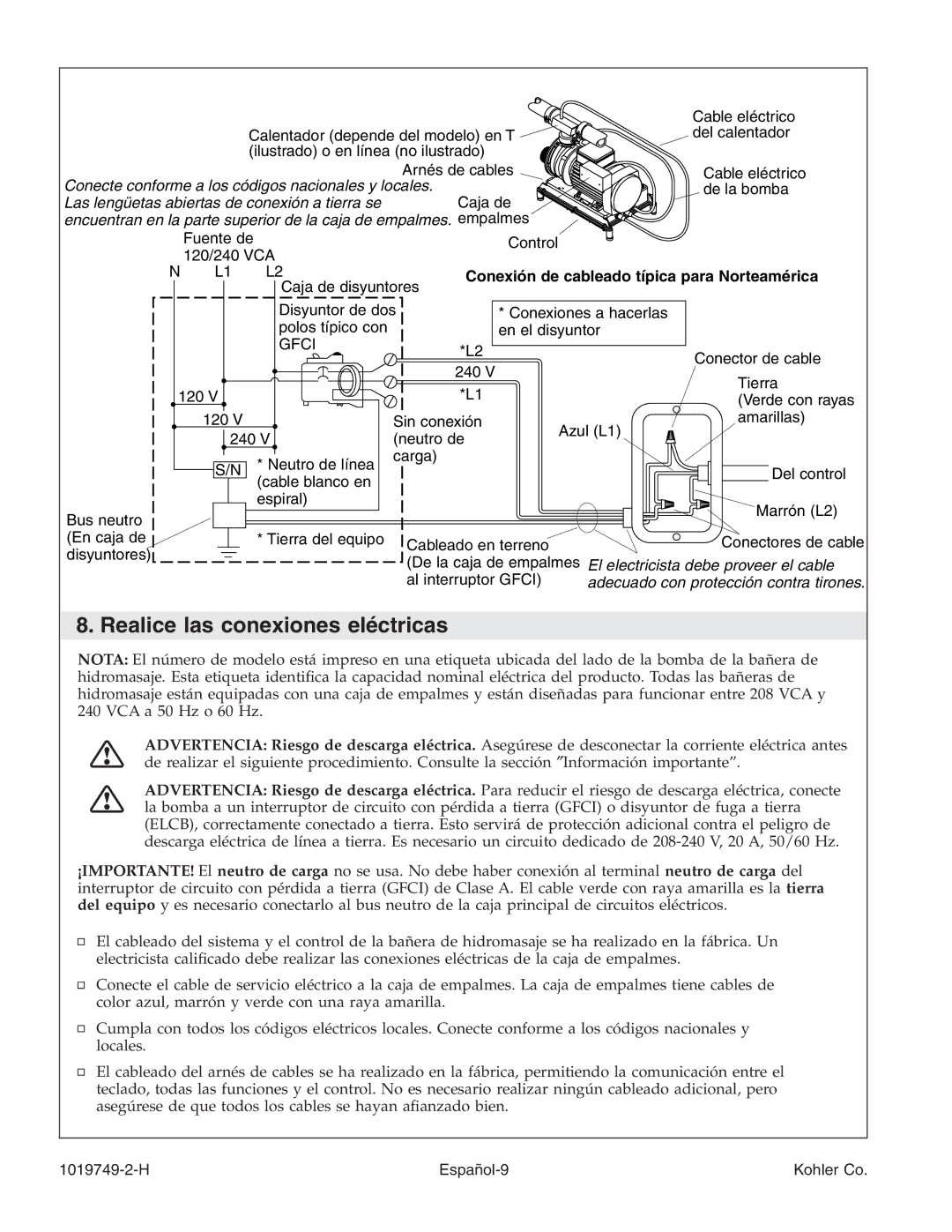 Kohler K-1433, K-1375, K-1461, K-1460 manual Realice las conexiones eléctricas, Conexión de cableado típica para Norteamérica 