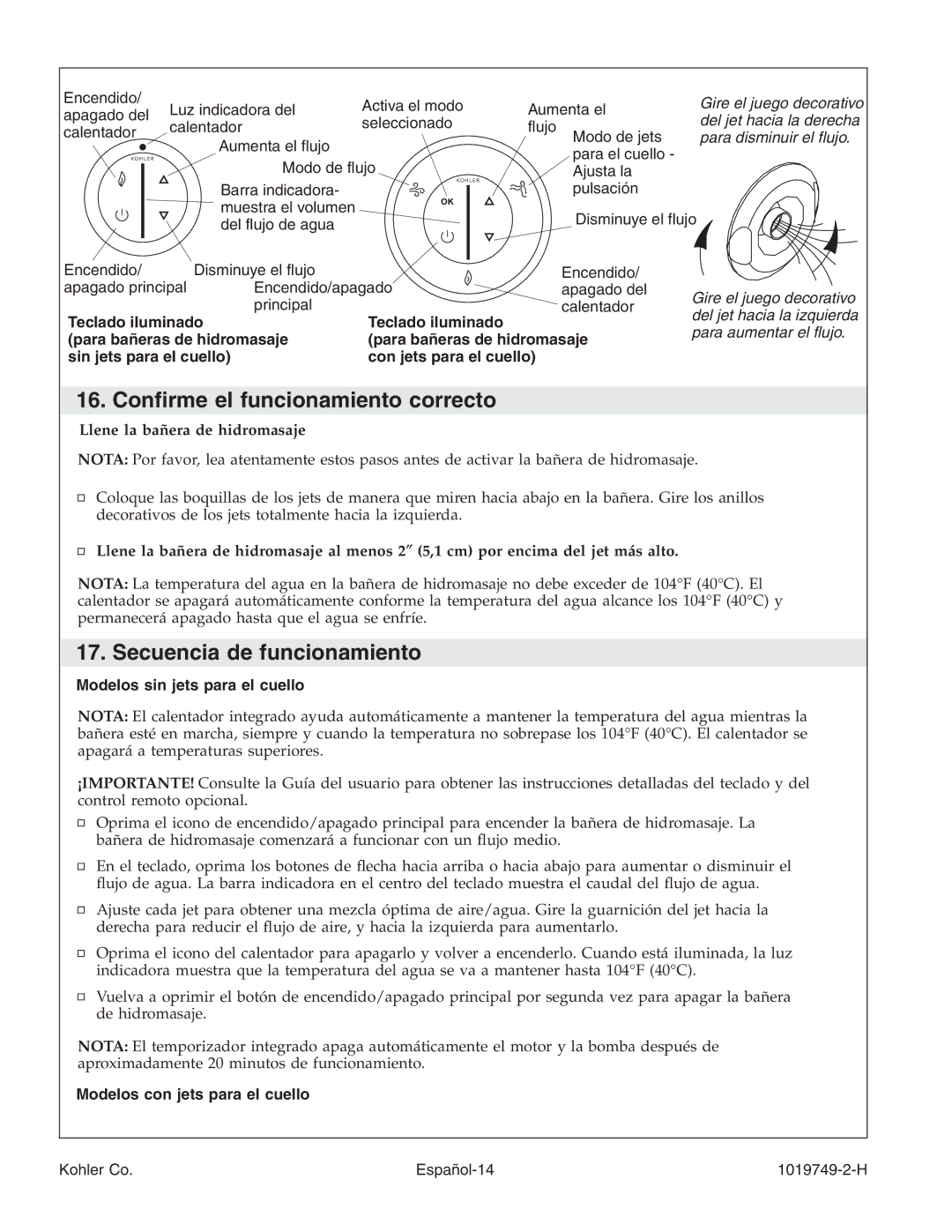 Kohler K-1477, K-1375, K-1461, K-1433, K-1460, K-1492, K-1368 Conﬁrme el funcionamiento correcto, Secuencia de funcionamiento 