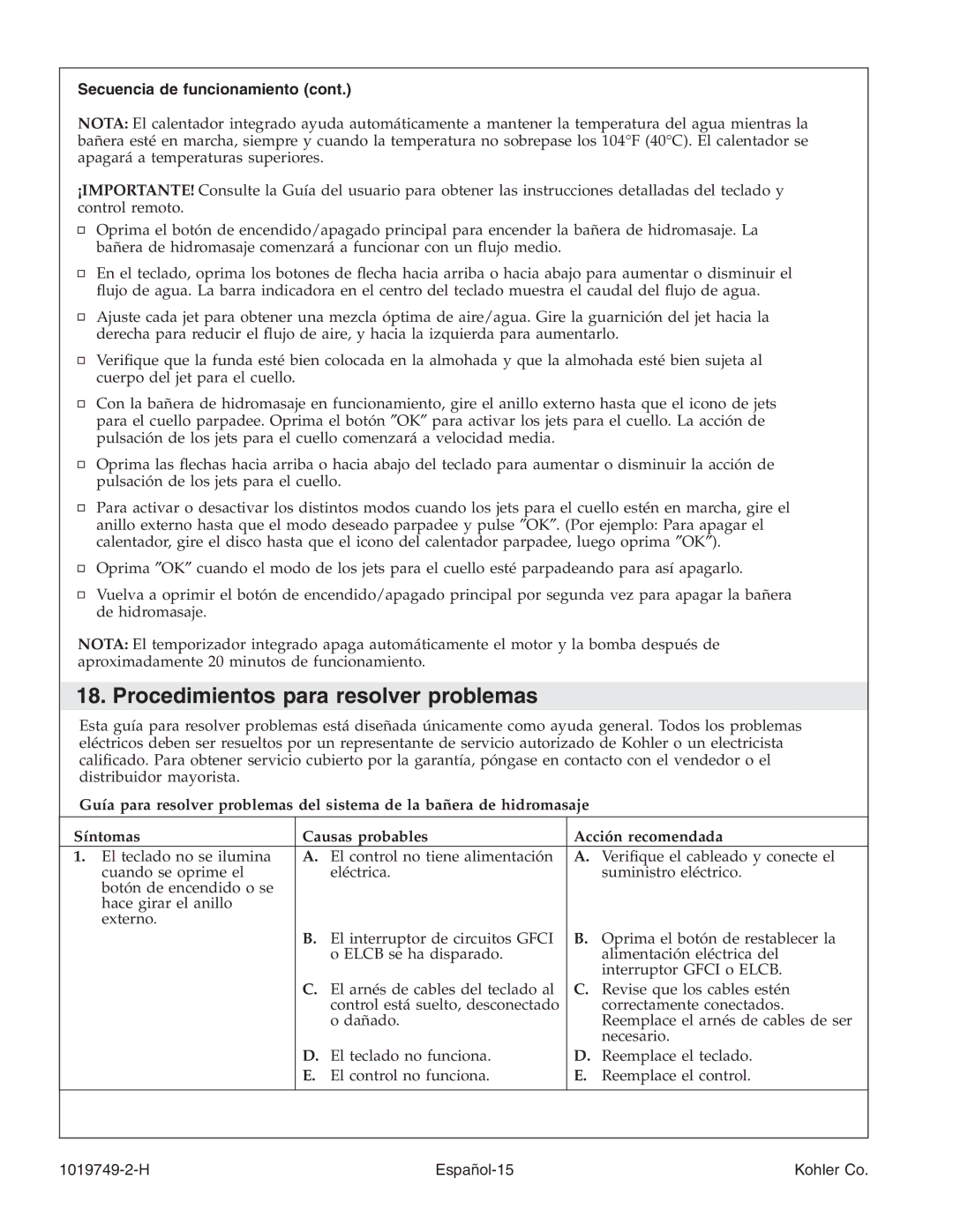 Kohler K-1457, K-1375, K-1461, K-1433, K-1460, K-1492 manual Procedimientos para resolver problemas, Secuencia de funcionamiento 