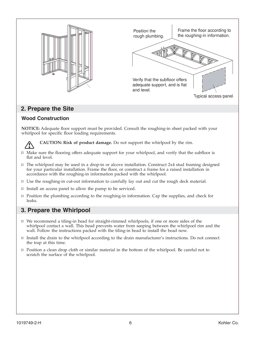 Kohler K-1170, K-1375, K-1461, K-1433, K-1460, K-1492, K-1368, K-1477, K-1457, K-1487 Prepare the Whirlpool, Wood Construction 