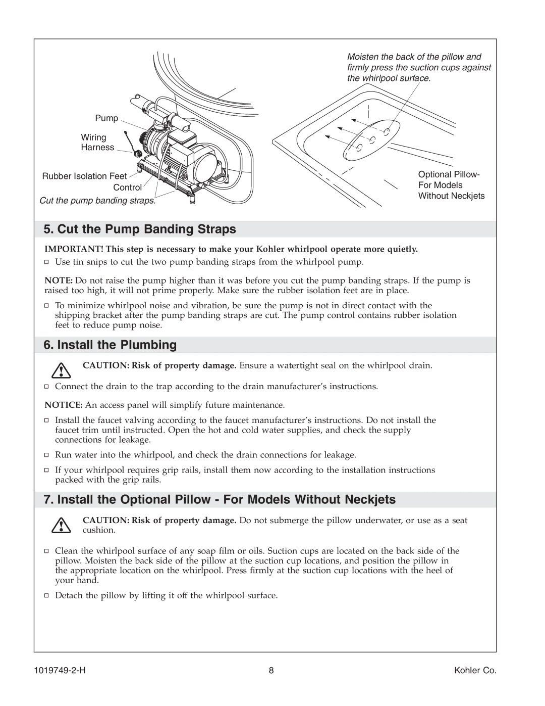 Kohler K-1457 Cut the Pump Banding Straps, Install the Plumbing, Install the Optional Pillow For Models Without Neckjets 