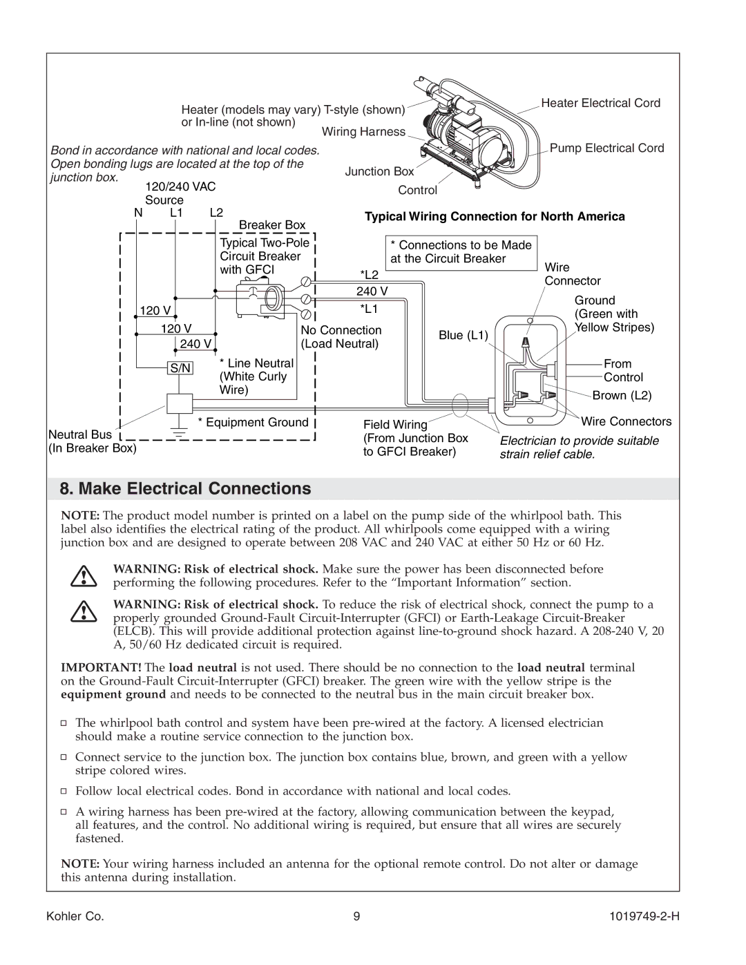 Kohler K-1487, K-1375, K-1461, K-1433, K-1460, K-1492 Make Electrical Connections, Typical Wiring Connection for North America 